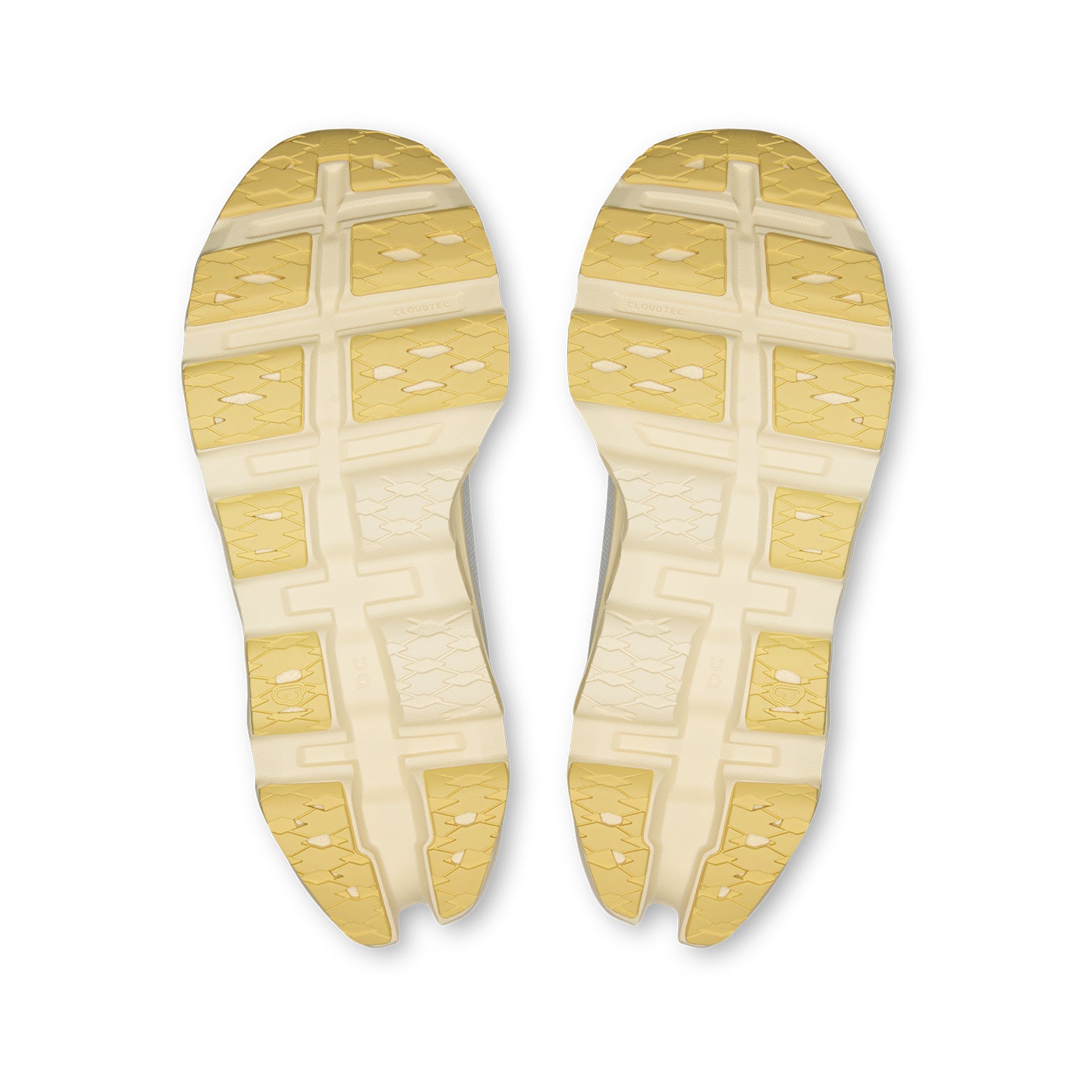 Women's On Cloudmonster 3 Running Shoes Glacier Pollen sole view displaying compressed rubber outsole for optimised traction across varied paces and surfaces