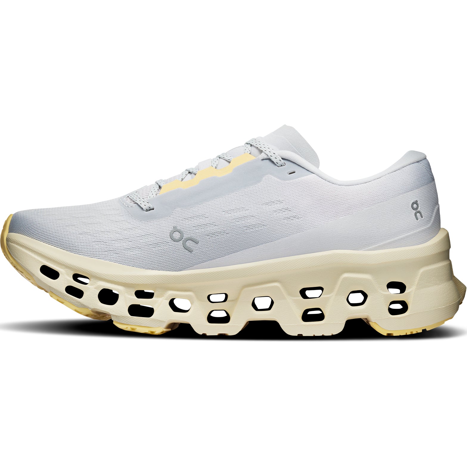 Women's On Cloudmonster 3 Running Shoes Glacier Pollen inner side view showing Helion foam with Speedboard propulsion and enhanced tongue design for secure lockdown during everyday training