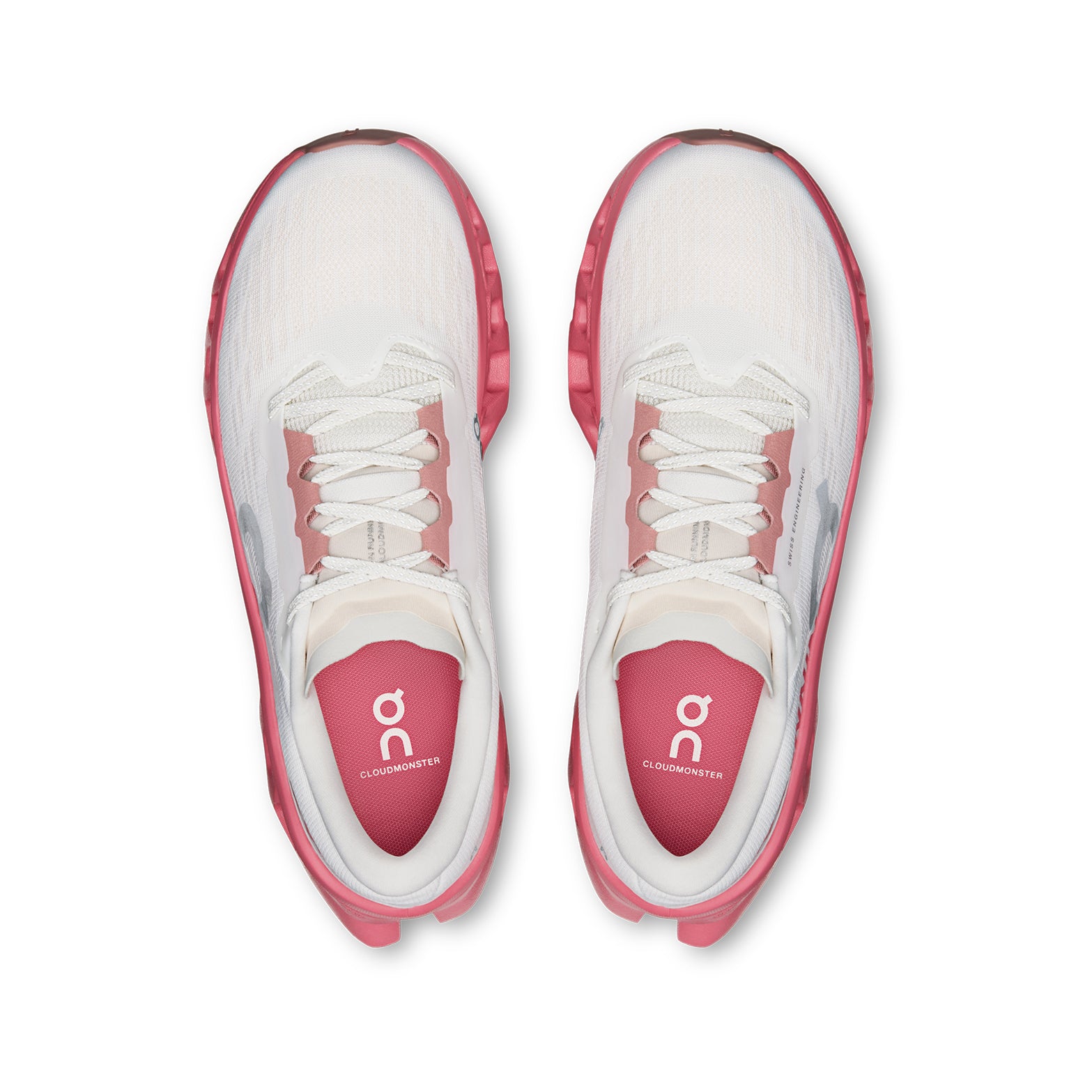 Women's On Cloudmonster 3 Running Shoes Ivory Camellia top view showing engineered knit upper with targeted breathability zones for comfortable secure fit during daily road running