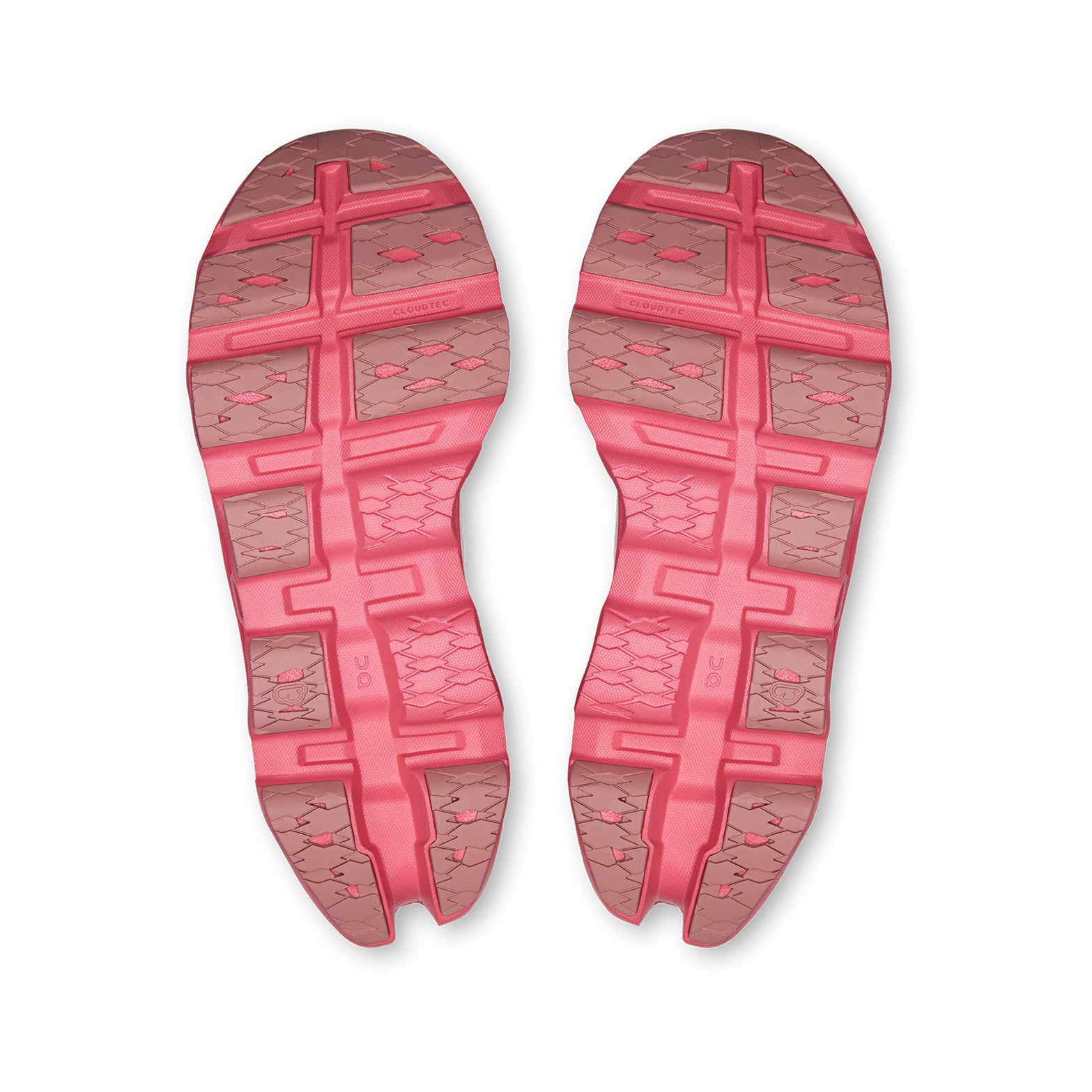 Women's On Cloudmonster 3 Running Shoes Ivory Camellia sole view displaying compressed rubber outsole for optimised traction across varied paces and surfaces