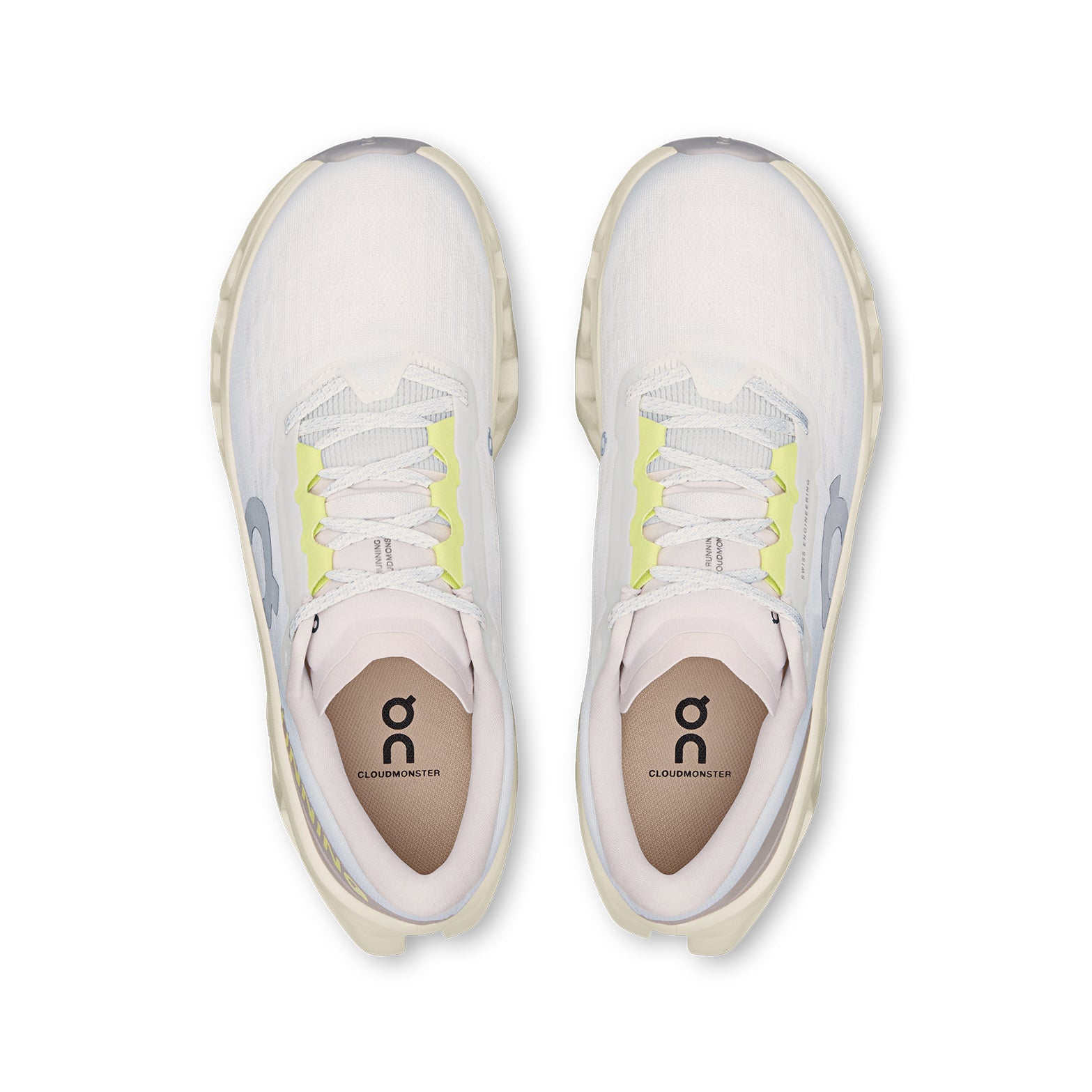On Cloudmonster 3 women's running shoe in Ivory / Seedling — top-down view showing ivory upper construction, lace closure and seedling green accent detailing