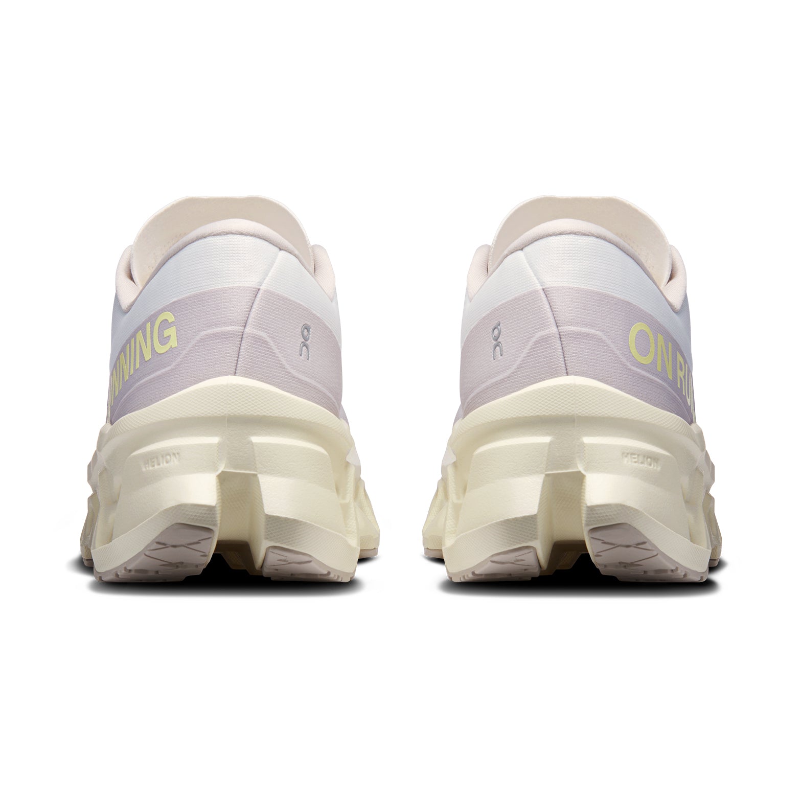 On Cloudmonster 3 women's running shoe in Ivory / Seedling — heel view showing heel construction, padded collar and seedling green CloudTec® midsole contrast