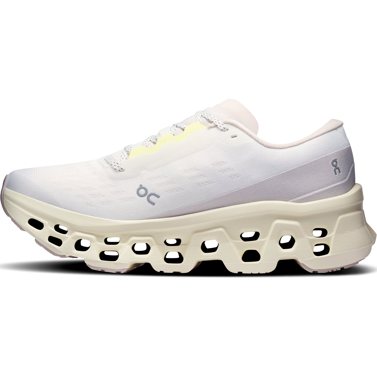 On Cloudmonster 3 women's running shoe in Ivory / Seedling — inner view showing ivory upper, seedling green midsole detailing and CloudTec® cushioning construction