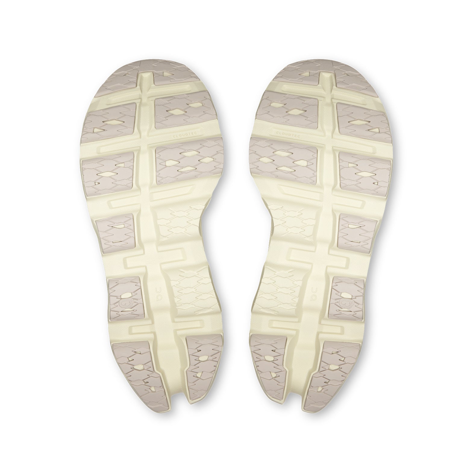 On Cloudmonster 3 women's running shoe in Ivory / Seedling — outsole view showing CloudTec® rubber pod configuration and seedling green midsole stack