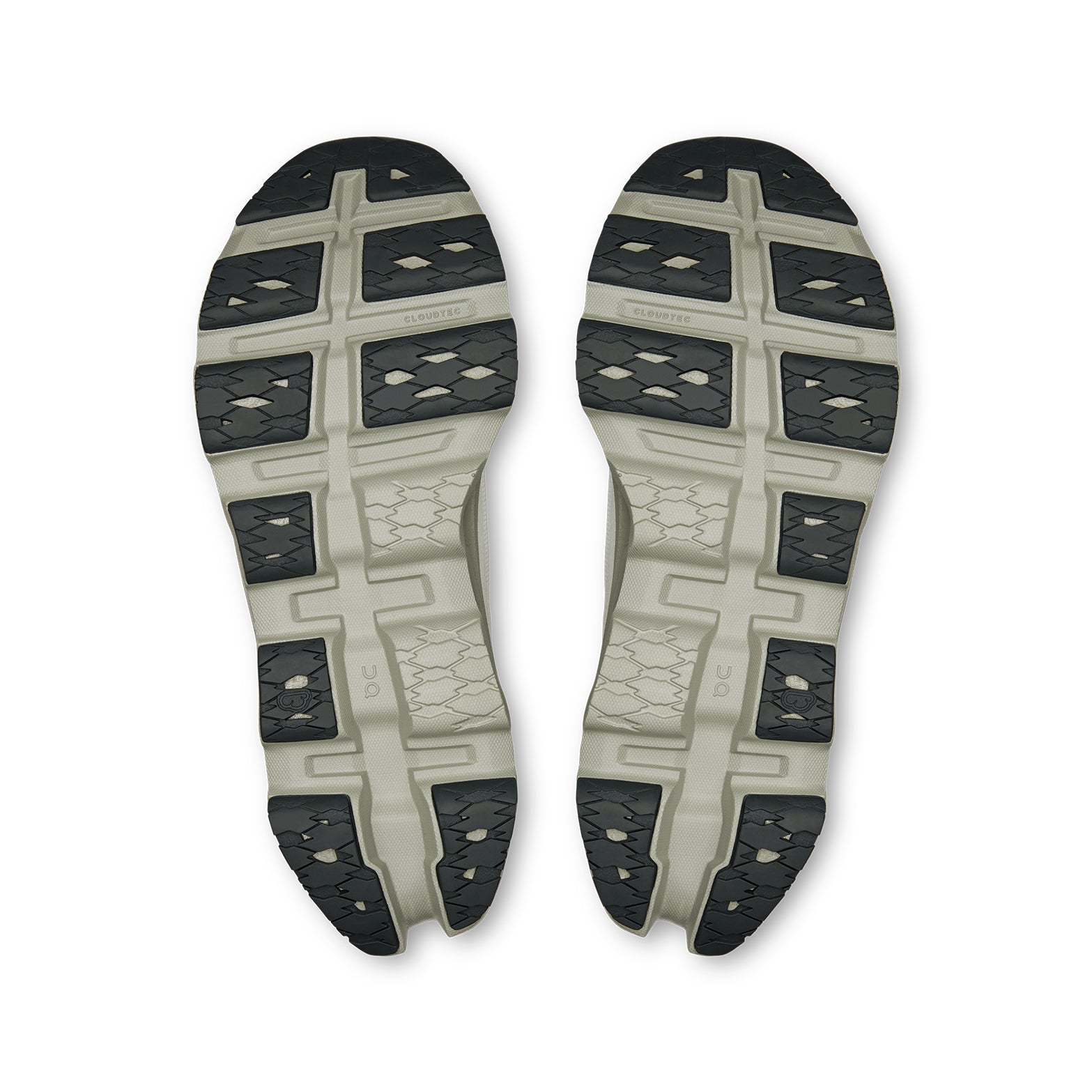 On Cloudmonster 3 women's running shoe in Ivory / Tin — outsole view showing compressed rubber tread pattern and tin grey triple-layer CloudTec® Helion™ foam midsole stack