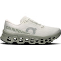 On Cloudmonster 3 women's running shoe in Ivory / Tin — outer view showing ivory engineered knit upper with tin grey accent detailing, Speedboard® and triple-layer CloudTec® midsole profile
