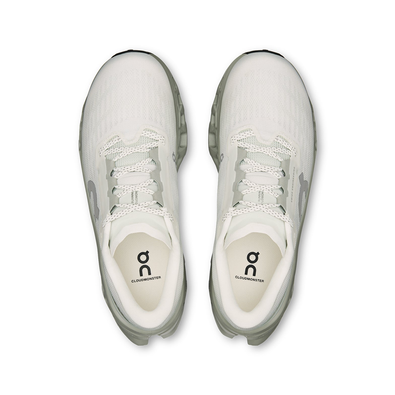 On Cloudmonster 3 women's running shoe in Ivory / Tin — top-down view showing ivory engineered knit upper with breathability zones, enhanced tongue construction and lace closure with tin grey detailing