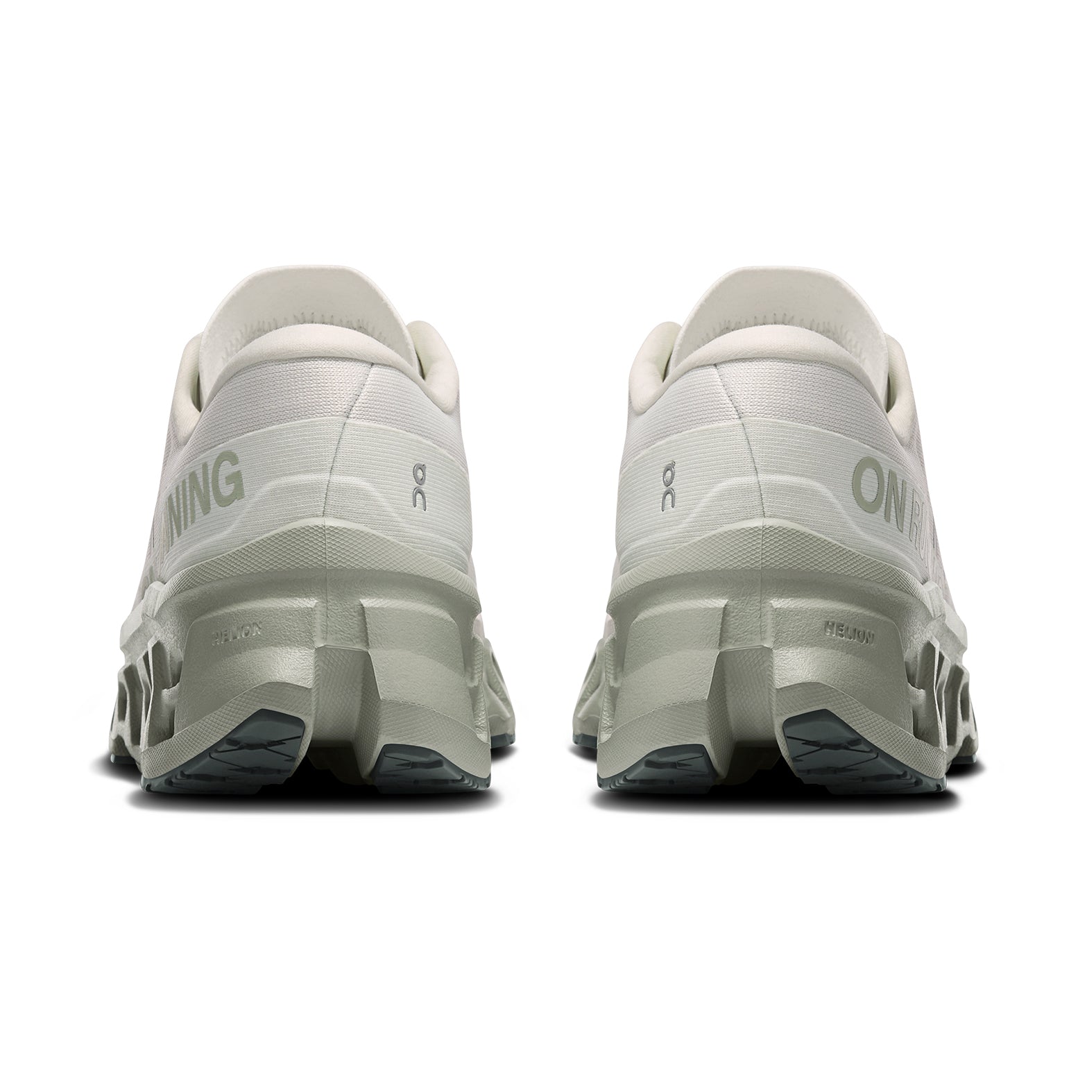 On Cloudmonster 3 women's running shoe in Ivory / Tin — heel view showing enhanced rocker heel geometry, padded collar and tin grey triple-layer CloudTec® midsole contrast