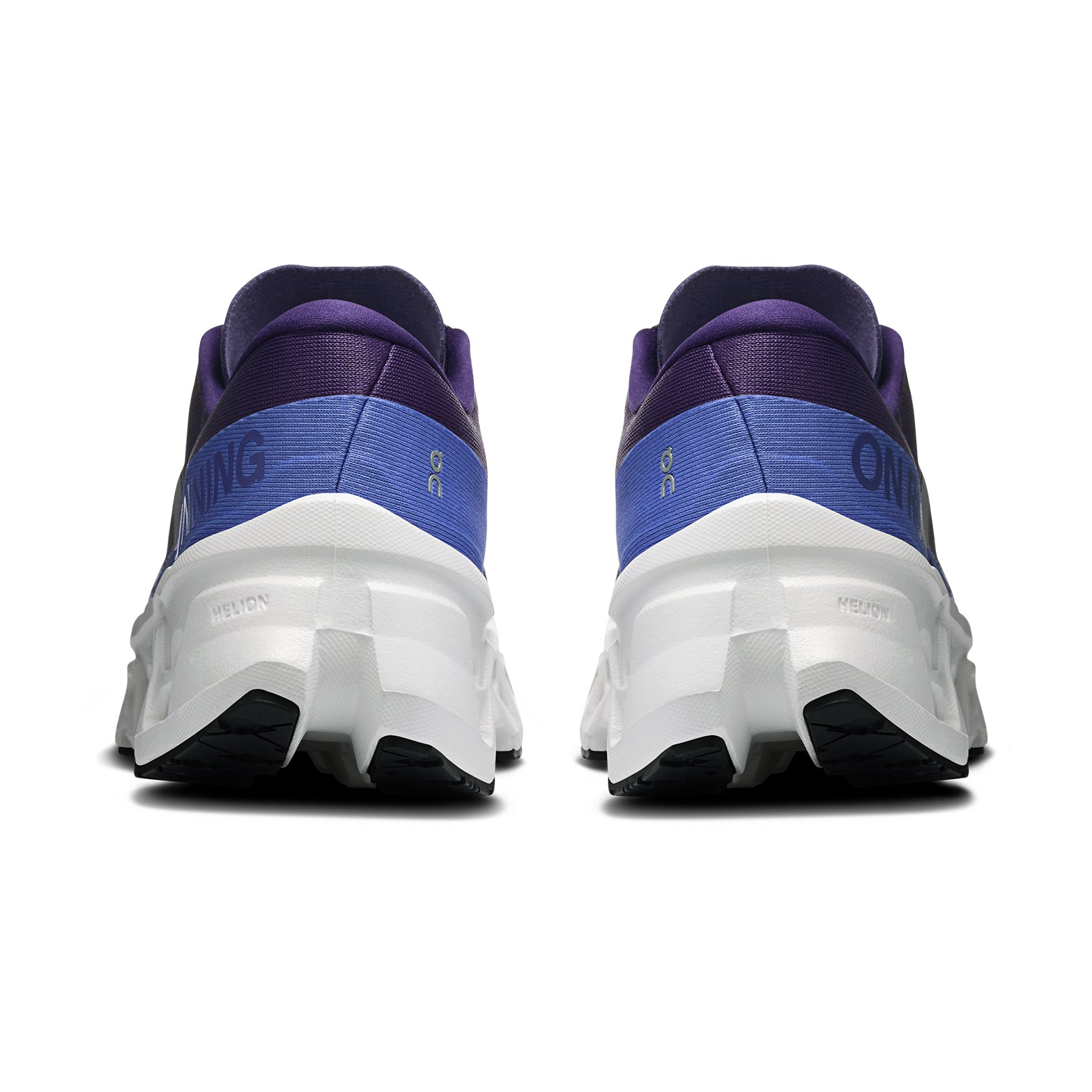 Women's On Cloudmonster 3 Running Shoes Nebula Ivory heel view showing triple-layer CloudTec stack height and Helion foam construction