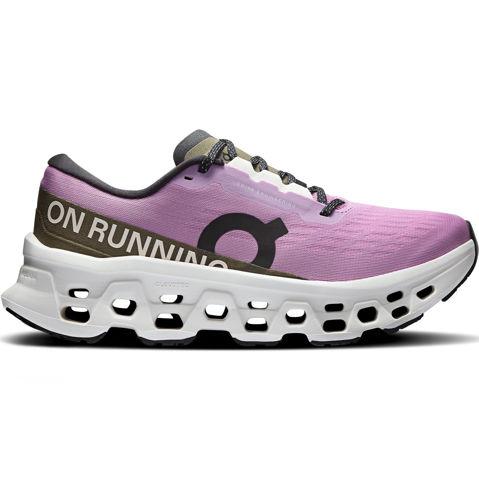 Women's On Cloudmonster 3 Running Shoes Sakura Ivory outer side view showing triple-layer CloudTec cushioning system and enhanced rocker shape