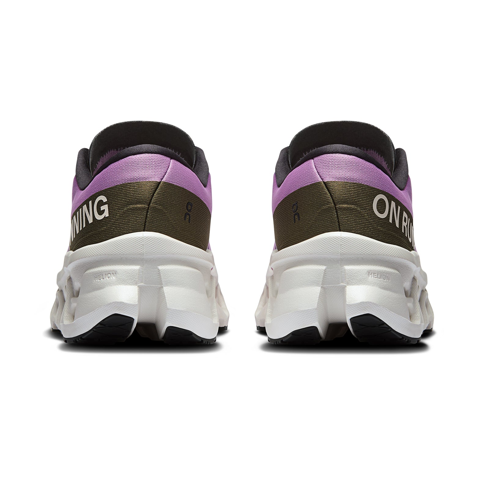 Women's On Cloudmonster 3 Running Shoes Sakura Ivory heel view showing triple-layer CloudTec stack height and Helion foam construction