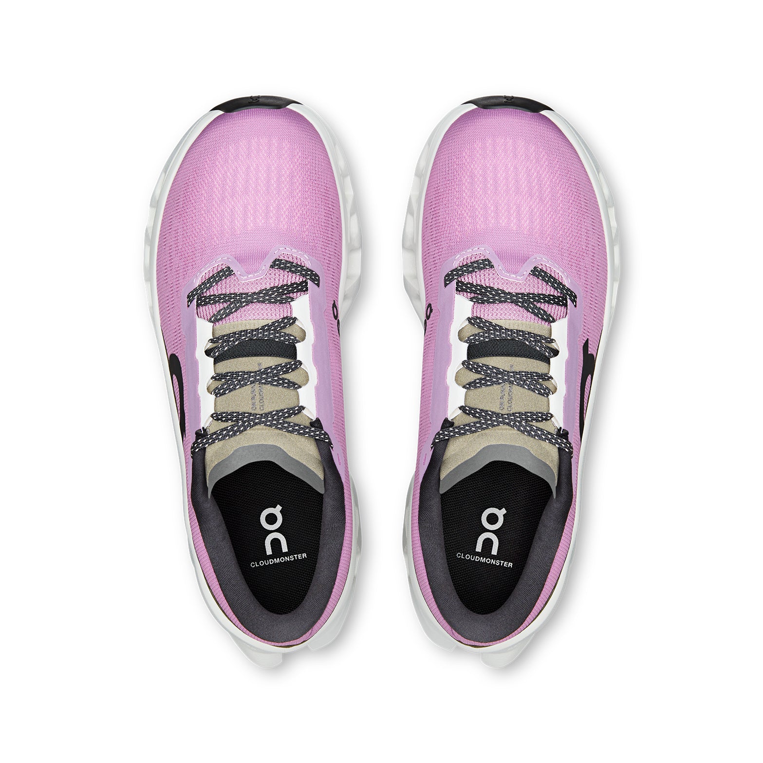 Women's On Cloudmonster 3 Running Shoes Sakura Ivory top view showing engineered knit upper with breathability zones and enhanced tongue design
