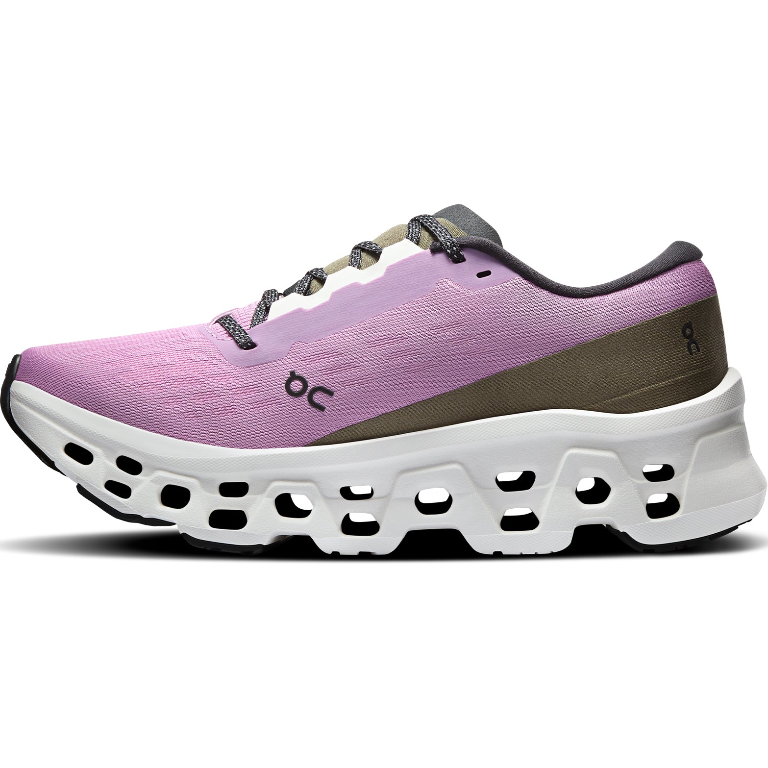 Women's On Cloudmonster 3 Running Shoes Sakura Ivory inner side view showing triple-layer CloudTec with Helion foam and Speedboard