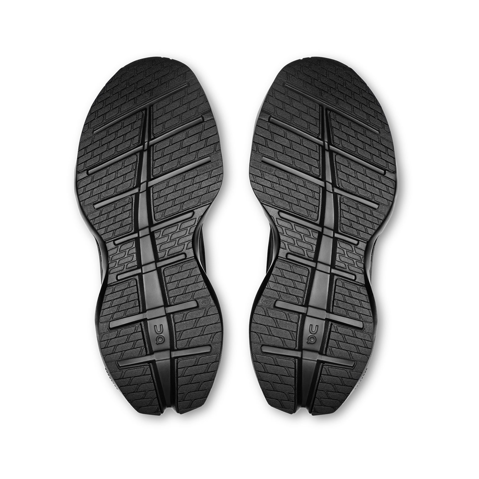 Women's On Cloudrunner 3 Max Running Shoes Black Black sole view displaying enhanced rubber outsole with wide base and stability-engineered CloudTec geometry for traction and lateral support