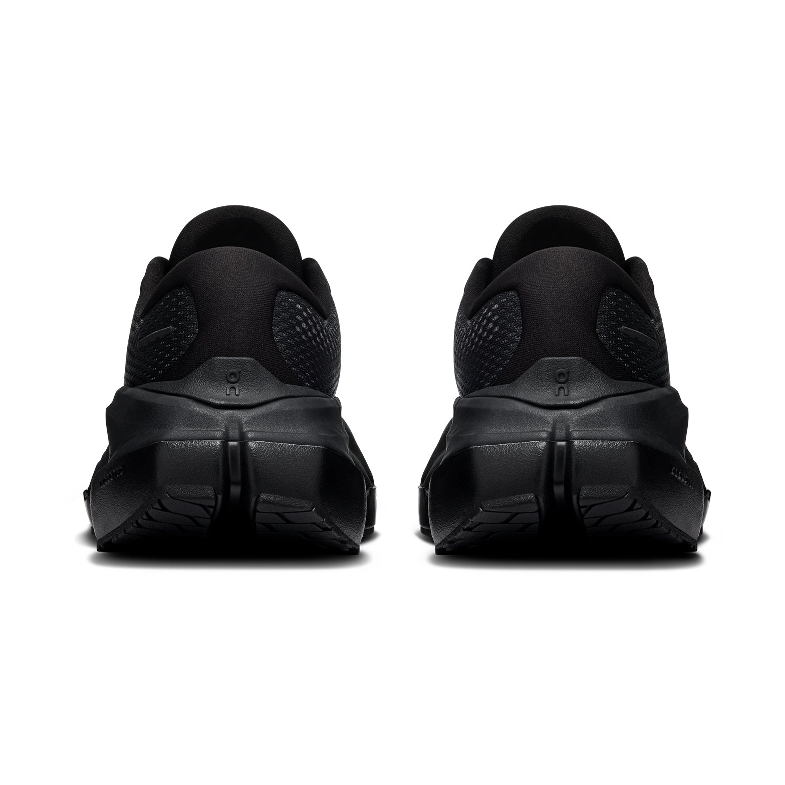 Women's On Cloudrunner 3 Max Running Shoes Black Black heel view showing dual-foam midsole with heel clip and plush tongue for secure lockdown and cushioned supported daily running