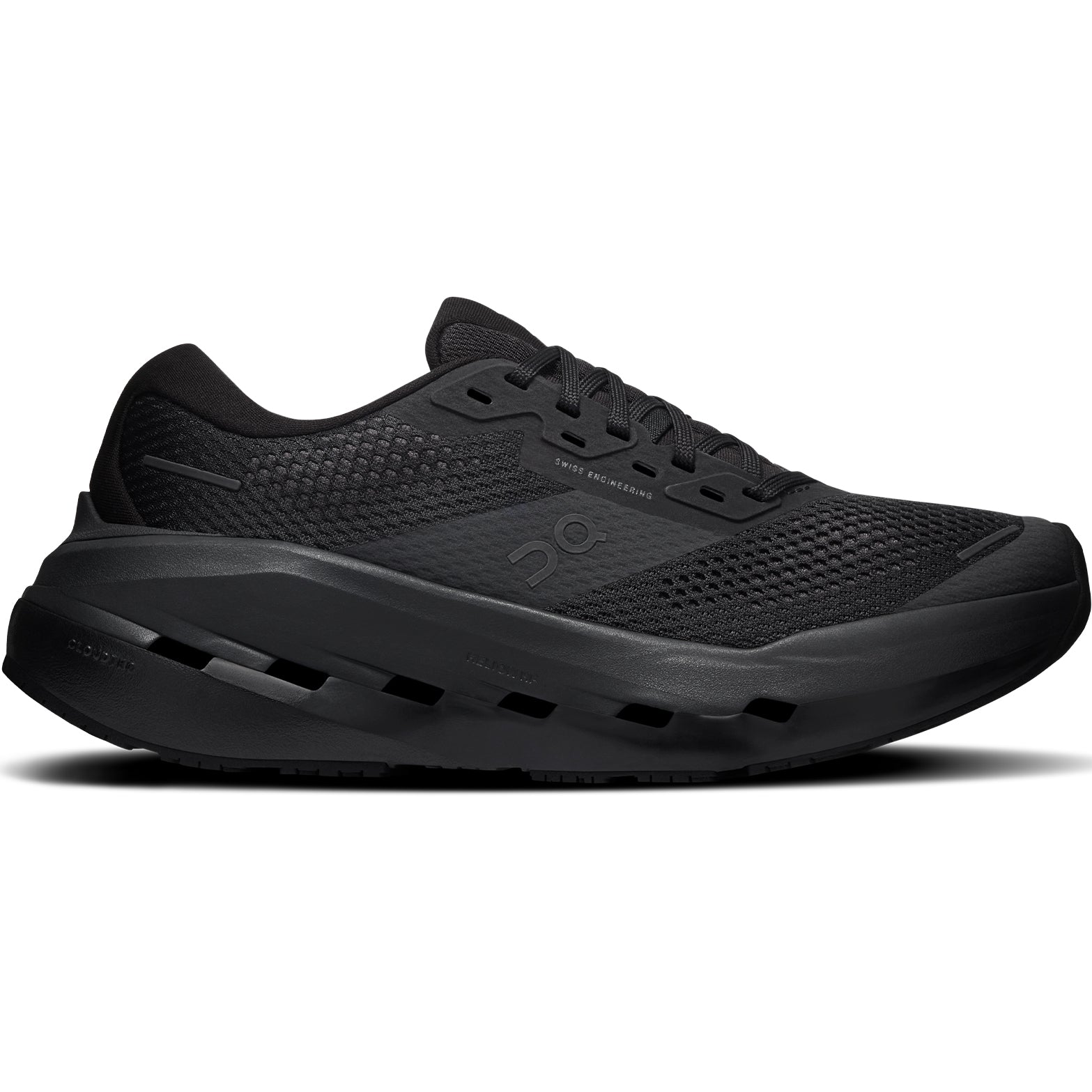 Women's On Cloudrunner 3 Max Running Shoes Black Black outer side view showing stability-engineered CloudTec cushioning with dual-layer Helion HF hyper foam midsole and wide base for supported daily running