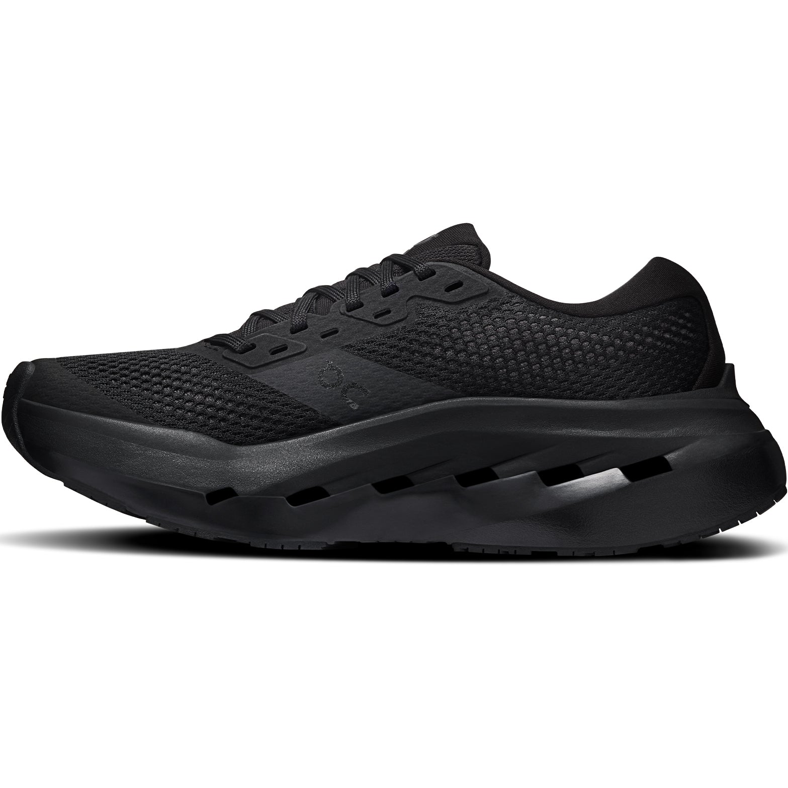 Women's On Cloudrunner 3 Max Running Shoes Black Black inner side view showing Helion HF hyper foam top layer with high sidewall cupping and heel clip for secure stable daily training