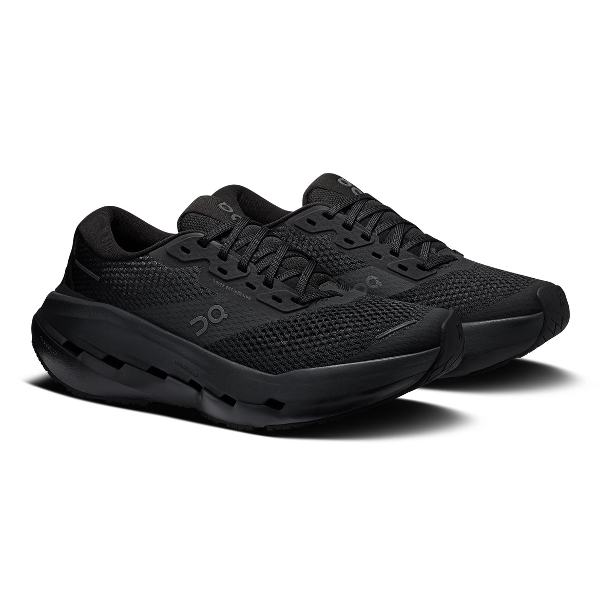 Women's On Cloudrunner 3 Max Running Shoes Black Black angled side view of pair showing stability-engineered CloudTec with Helion HF hyper foam midsole, wide base and enhanced rubber outsole for max cushion max support daily running