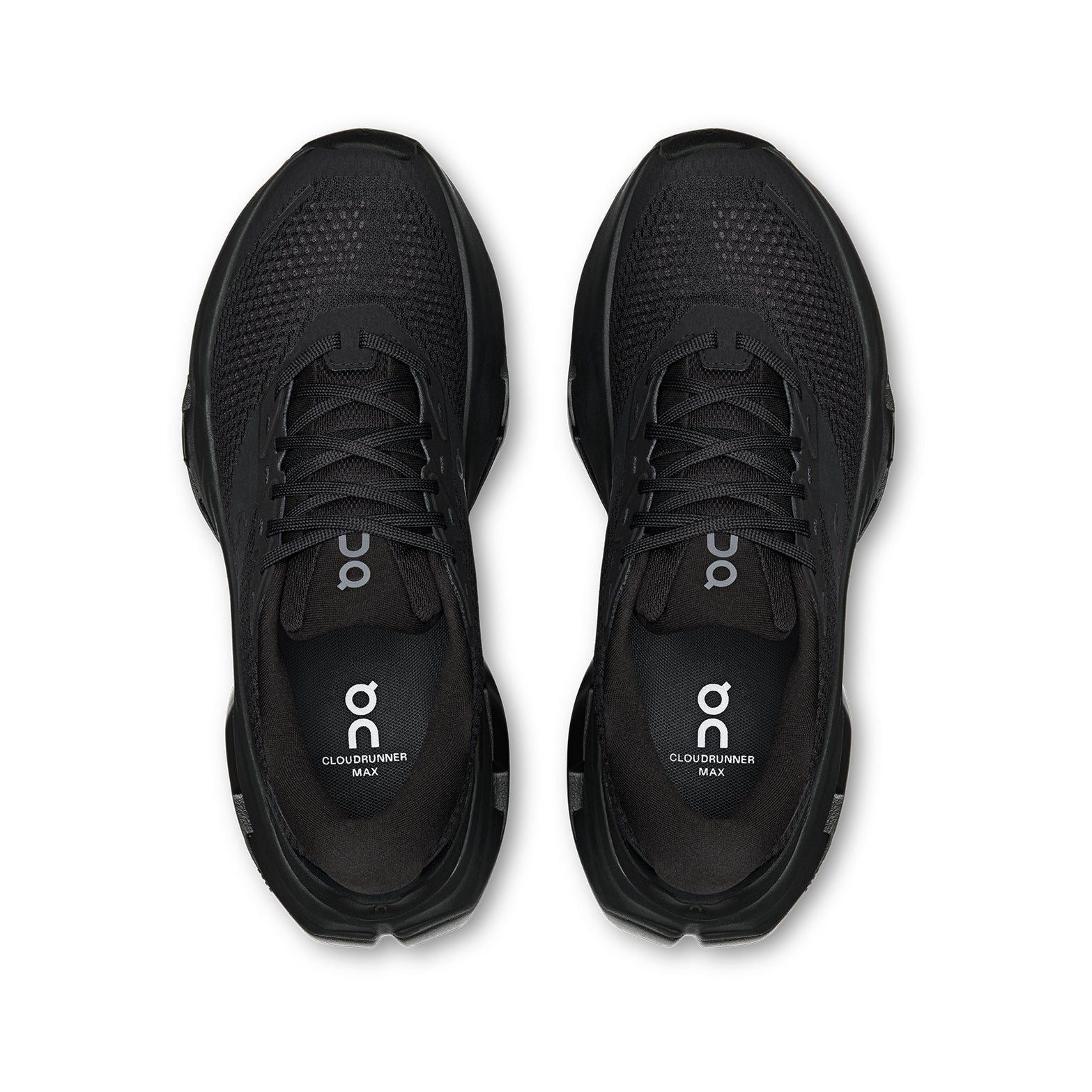 Women's On Cloudrunner 3 Max Running Shoes Black Black top view showing engineered mesh upper with plush heel and tongue for breathable secure supported daily road running