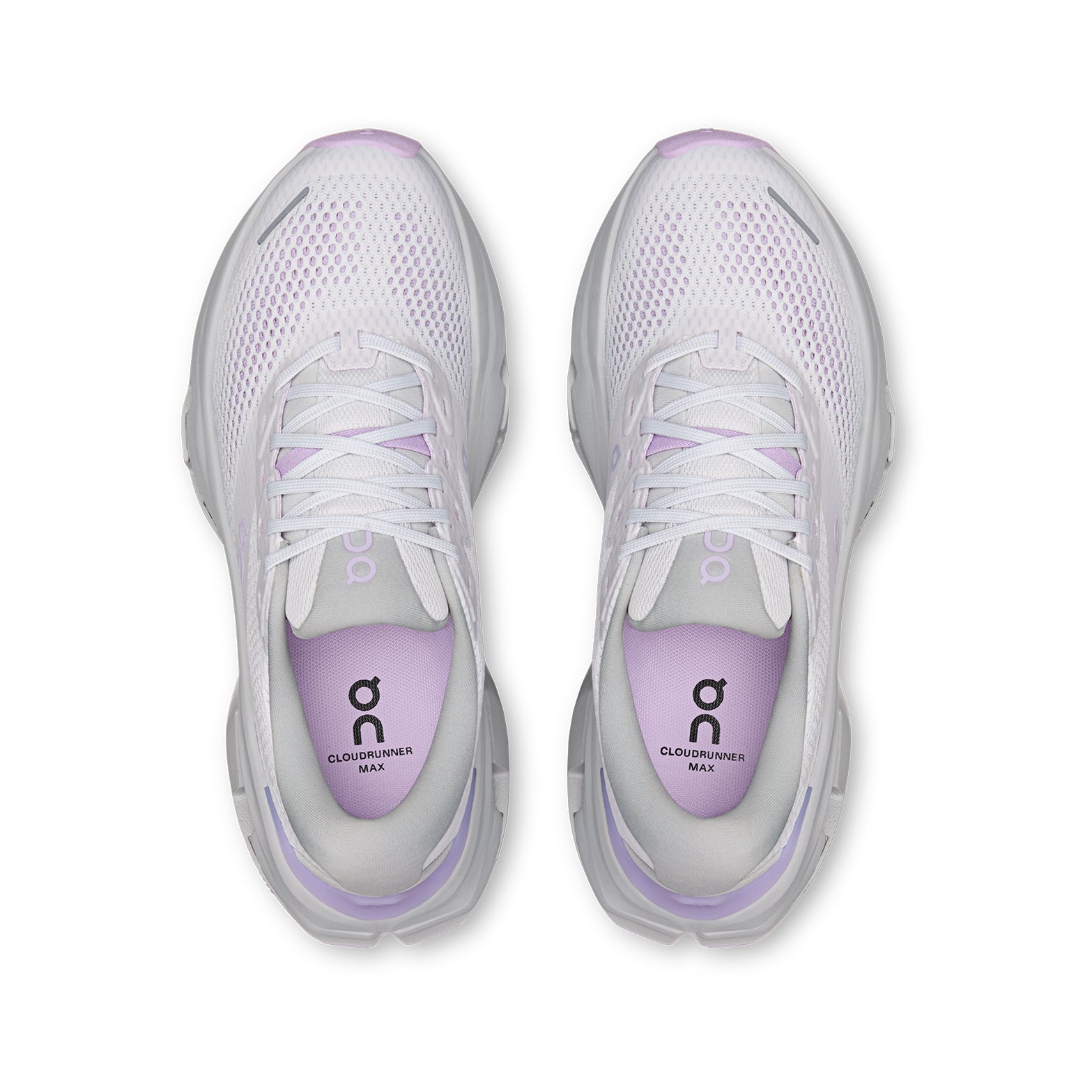 Women's On Cloudrunner 3 Max Running Shoes Frost Verbana top view showing engineered mesh upper with plush heel and tongue for breathable secure supported daily road running