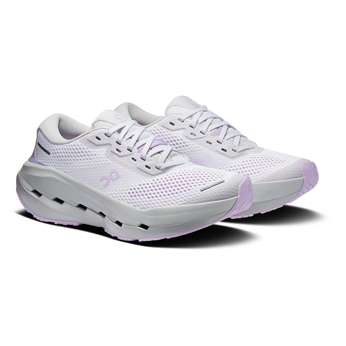 Women's On Cloudrunner 3 Max Running Shoes Frost Verbana angled side view of pair showing stability-engineered CloudTec with Helion HF hyper foam midsole, wide base and enhanced rubber outsole for max cushion max support daily running