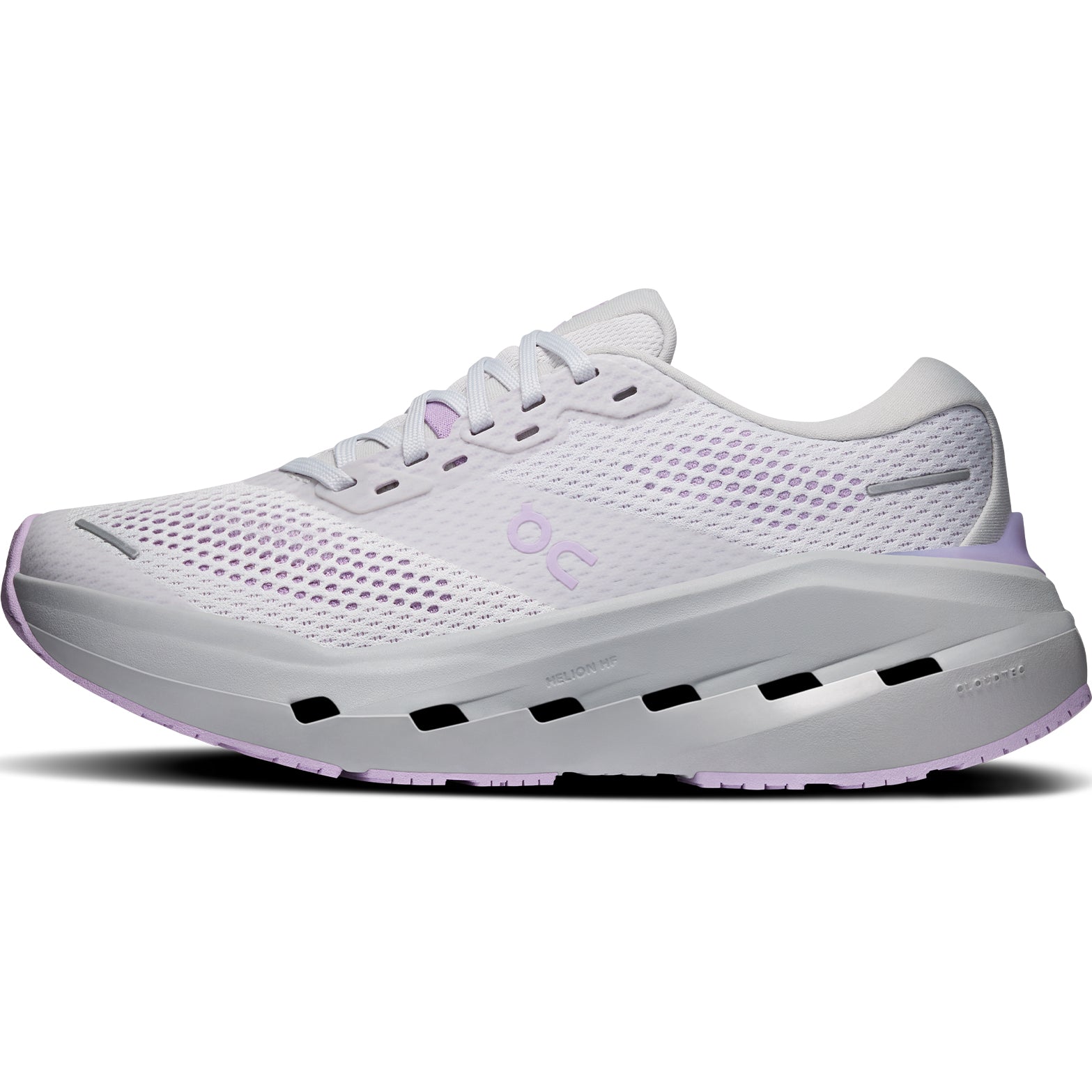Women's On Cloudrunner 3 Max Running Shoes Frost Verbana inner side view showing Helion HF hyper foam top layer with high sidewall cupping and heel clip for secure stable daily training