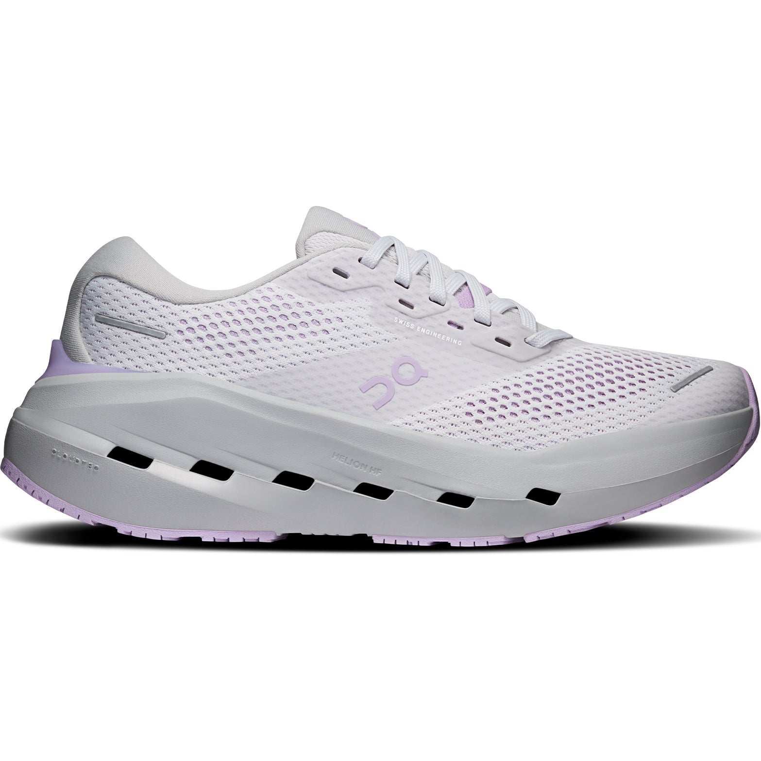 Women's On Cloudrunner 3 Max Running Shoes Frost Verbana outer side view showing stability-engineered CloudTec cushioning with dual-layer Helion HF hyper foam midsole and wide base for supported daily running