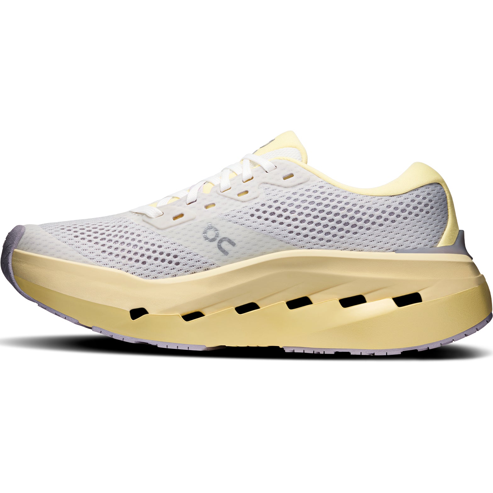 Women's On Cloudrunner 3 Max Running Shoes Ivory Dijon inner side view showing Helion HF hyper foam top layer with high sidewall cupping and heel clip for secure stable daily training