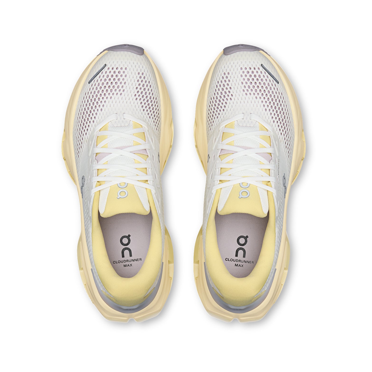 Women's On Cloudrunner 3 Max Running Shoes Ivory Dijon top view showing engineered mesh upper with plush heel and tongue for breathable secure supported daily road running
