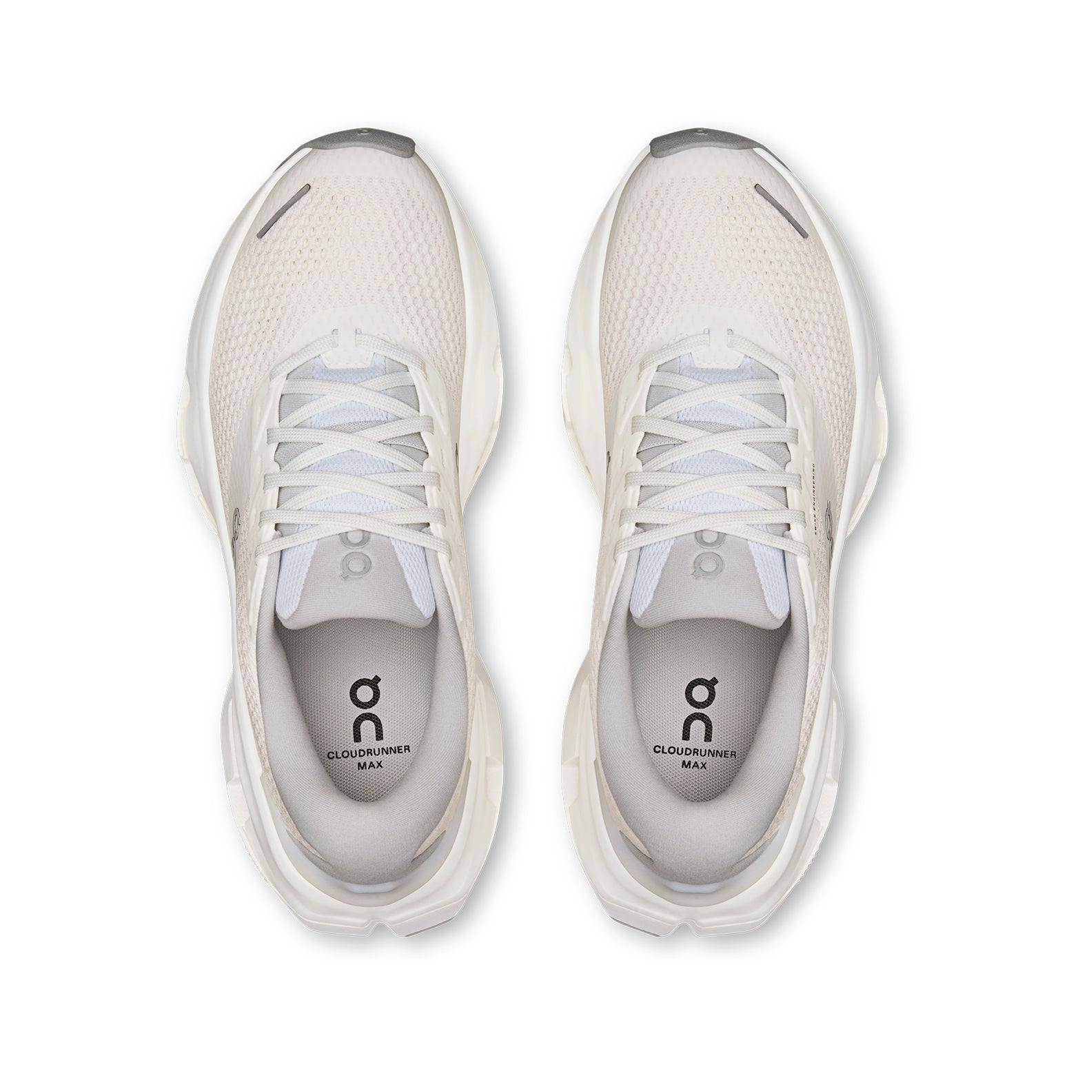 Women's On Cloudrunner 3 Max Running Shoes White Glacier top view showing engineered mesh upper with plush heel and tongue for breathable secure supported daily road running
