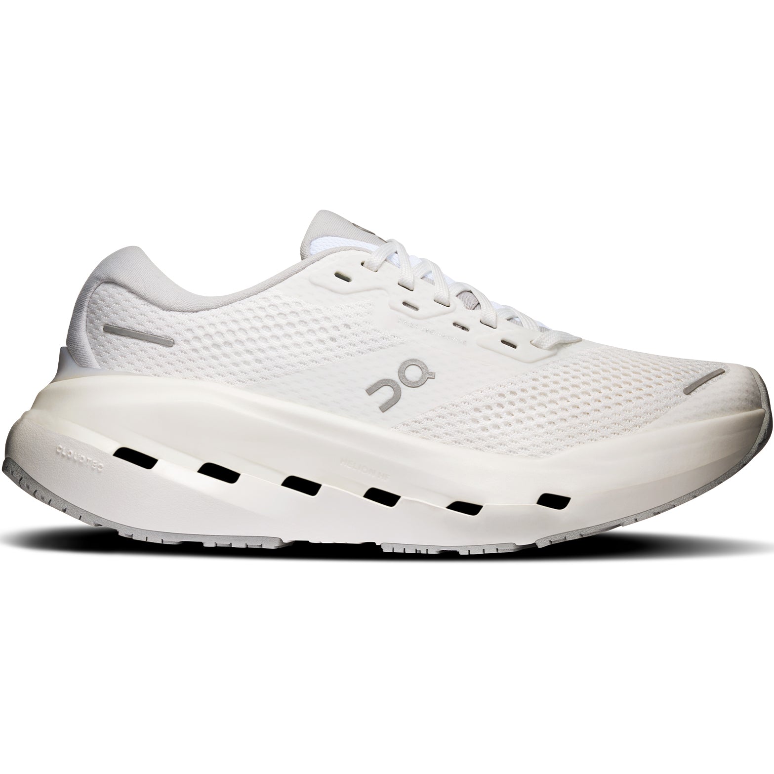 Women's On Cloudrunner 3 Max Running Shoes White Glacier outer side view showing stability-engineered CloudTec cushioning with dual-layer Helion HF hyper foam midsole and wide base for supported daily running
