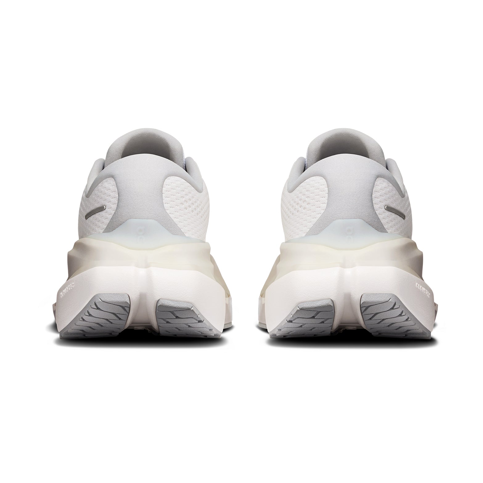 Women's On Cloudrunner 3 Max Running Shoes White Glacier heel view showing dual-foam midsole with heel clip and plush tongue for secure lockdown and cushioned supported daily running