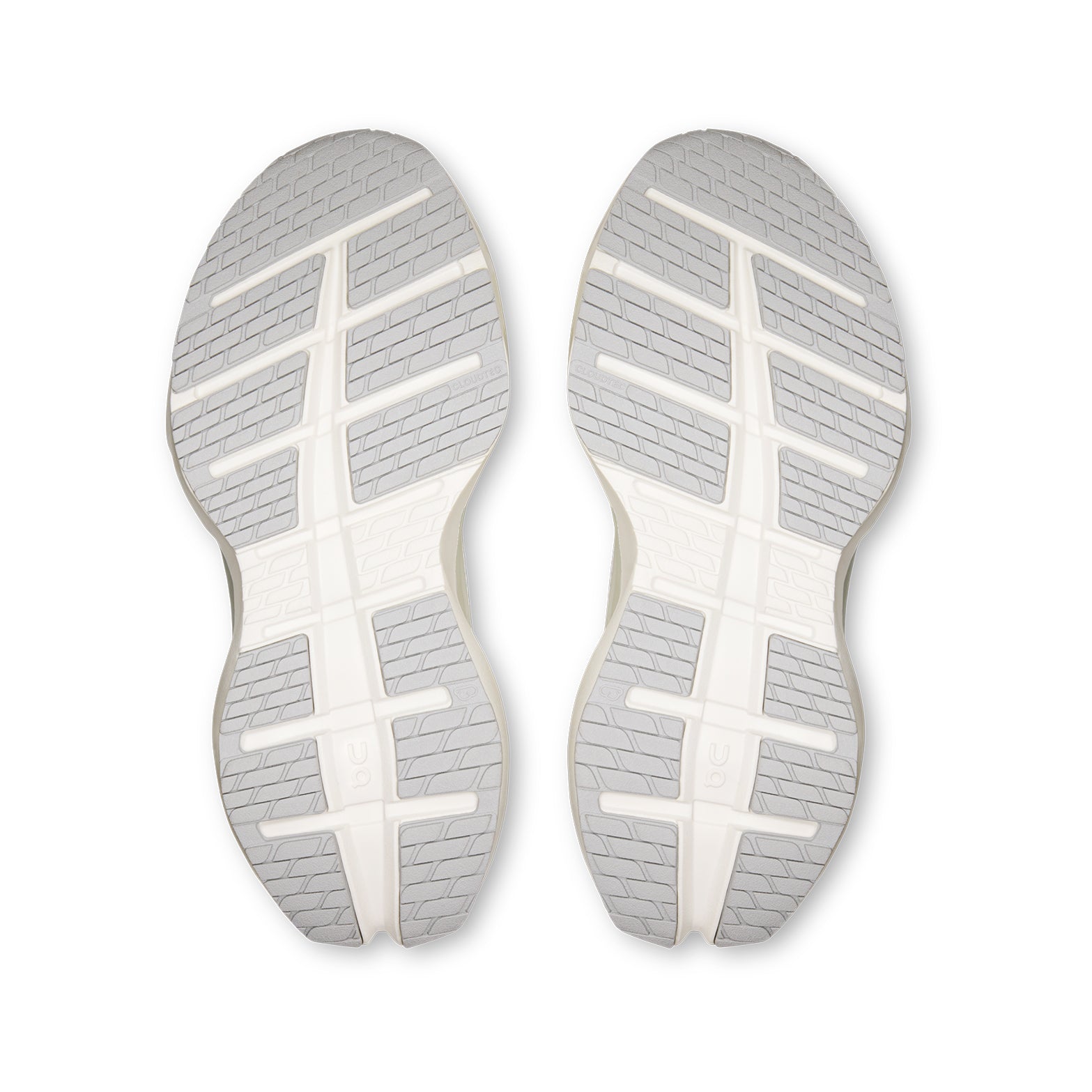 Women's On Cloudrunner 3 Max Running Shoes White Glacier sole view displaying enhanced rubber outsole with wide base and stability-engineered CloudTec geometry for traction and lateral support