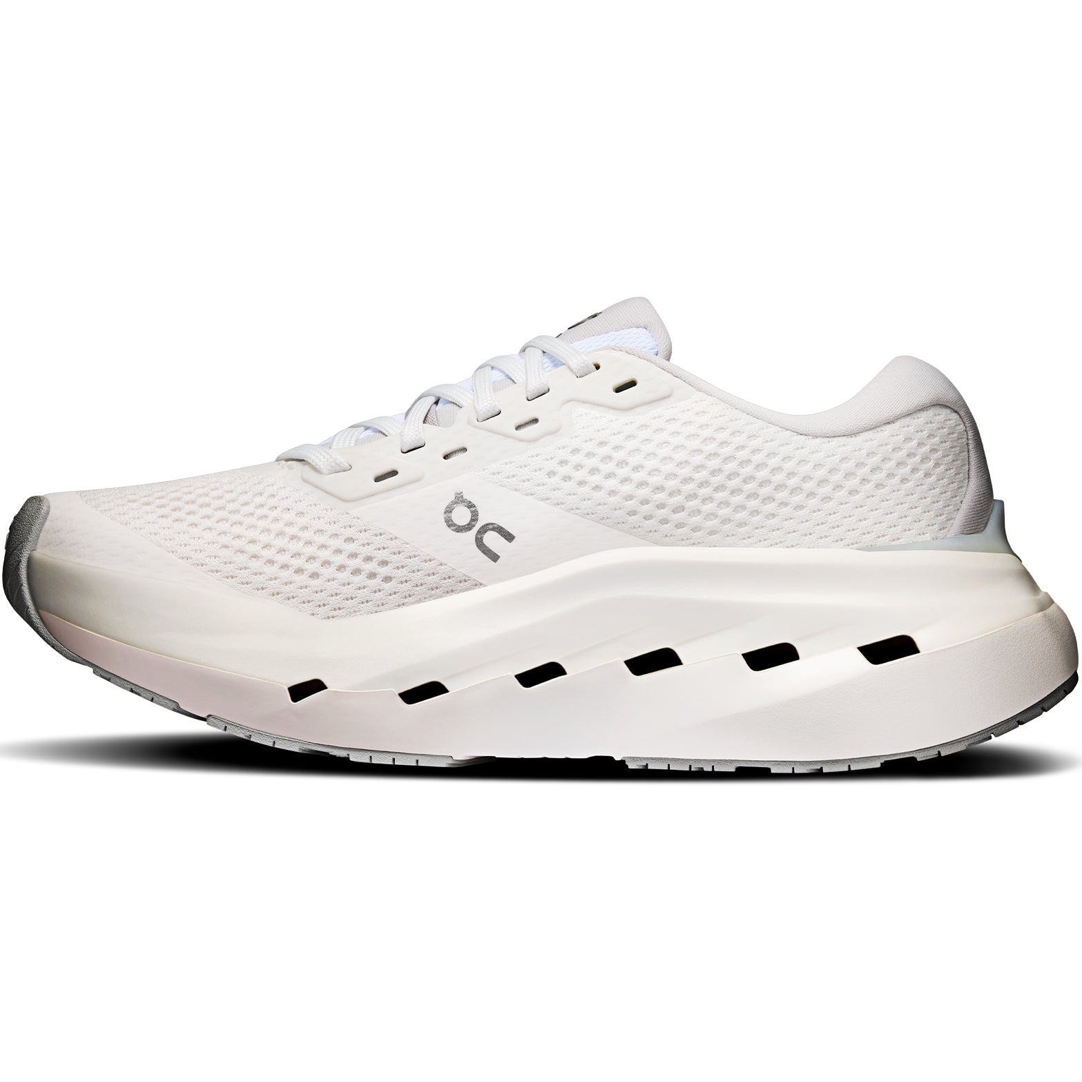 Women's On Cloudrunner 3 Max Running Shoes White Glacier inner side view showing Helion HF hyper foam top layer with high sidewall cupping and heel clip for secure stable daily training
