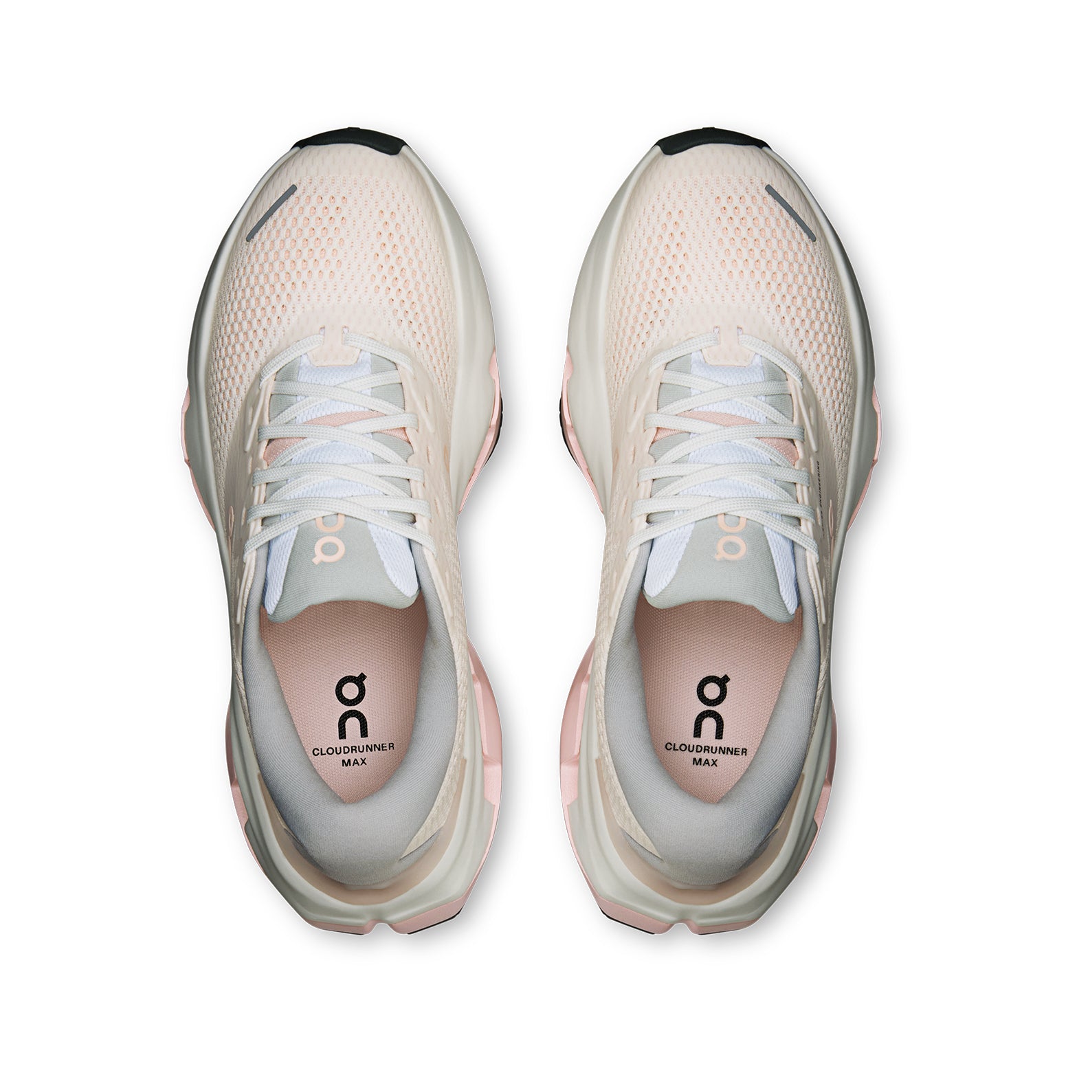 Women's On Cloudrunner 3 Max Running Shoes White Salt top view showing engineered mesh upper with plush heel and tongue for breathable secure supported daily road running