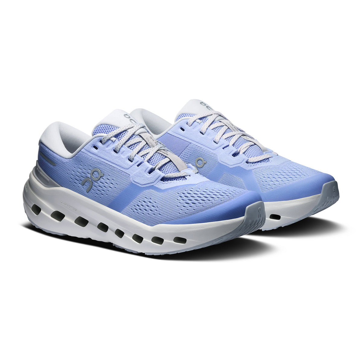 Women's On Cloudrunner 3 Running Shoes Myrtle Platinum angled side view of pair showing Helion foam with asymmetrical heel clip and durable rubber outsole for stable supportive everyday road running