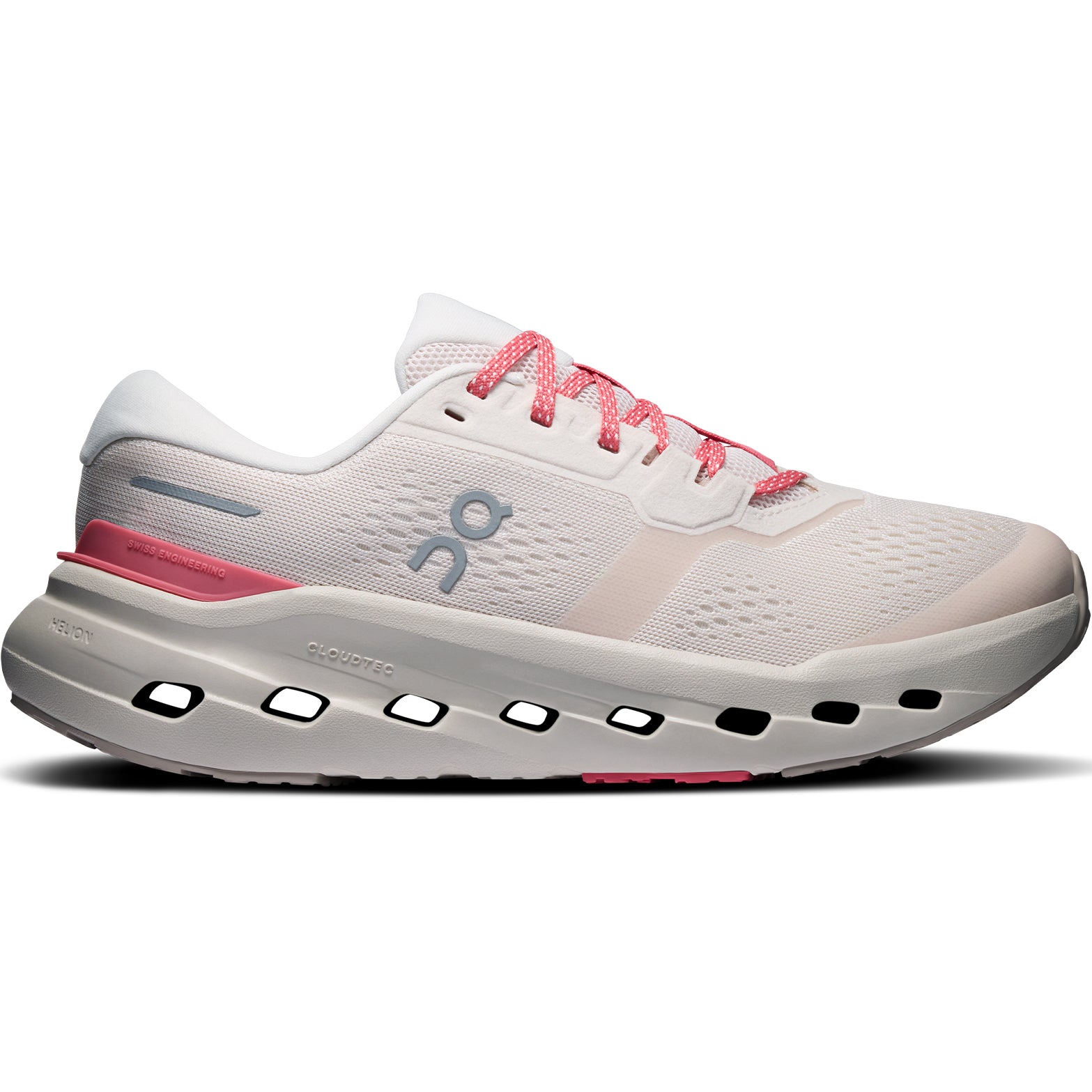 Women's On Cloudrunner 3 Running Shoes Oyster Camellia outer side view showing CloudTec cushioning engineered for stability with asymmetrical heel clip and wide base for confident everyday road running