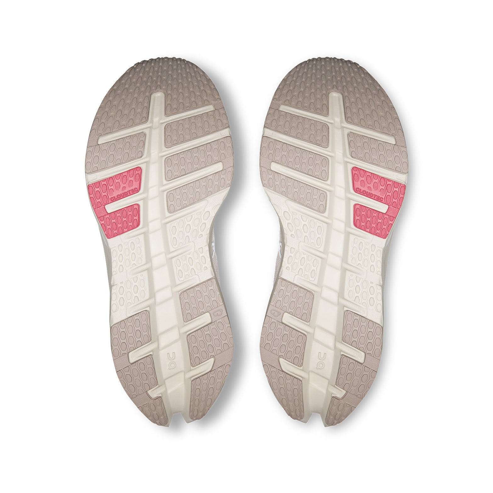 Women's On Cloudrunner 3 Running Shoes Oyster Camellia sole view displaying durable rubber outsole with wide base and mild forefoot rocker for stable balanced traction on pavements and park paths