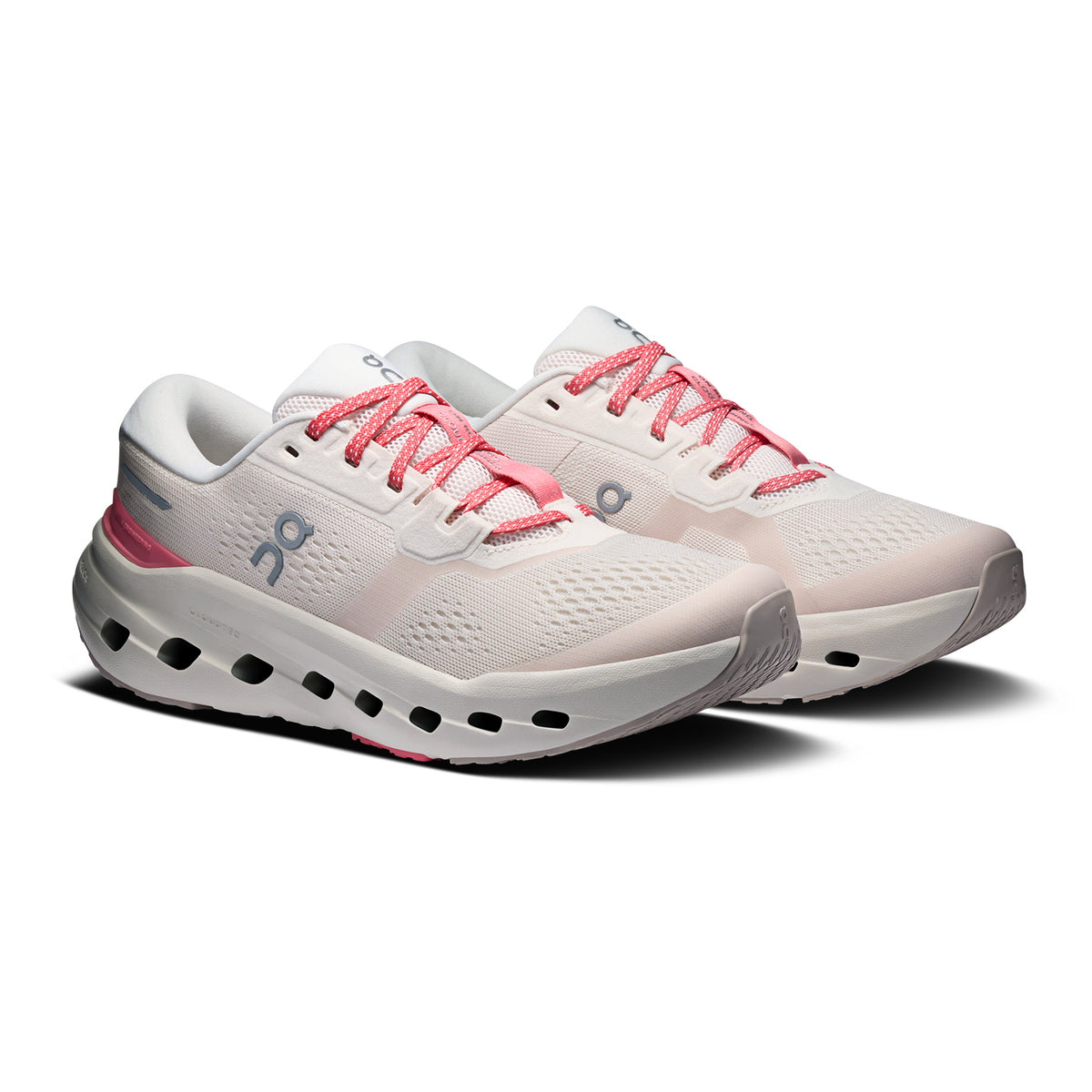 Women's On Cloudrunner 3 Running Shoes Oyster Camellia angled side view of pair showing Helion foam with asymmetrical heel clip and durable rubber outsole for stable supportive everyday road running