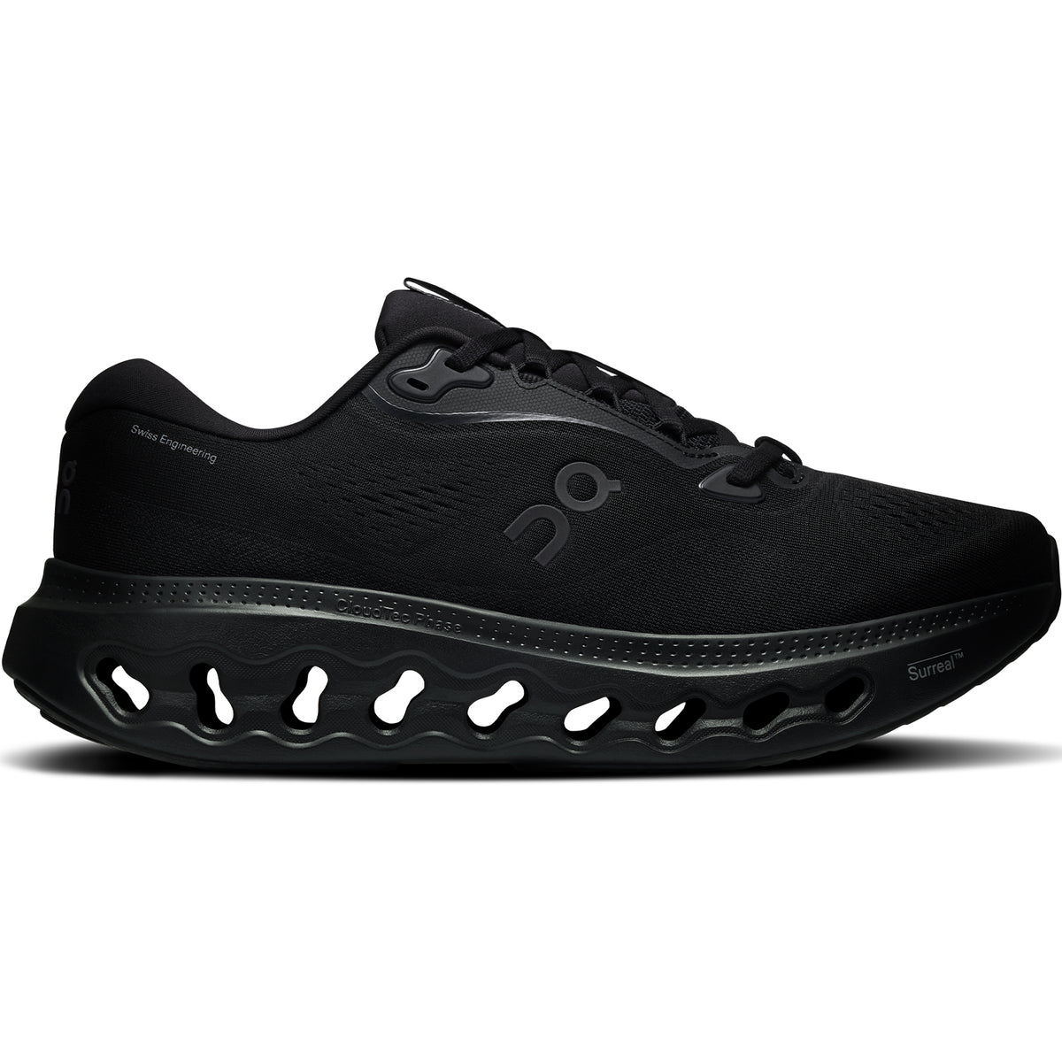 Women’s Cloudsurfer 3 Running Shoes Black / Black with a thick, hollow-cushioned midsole and black laces.