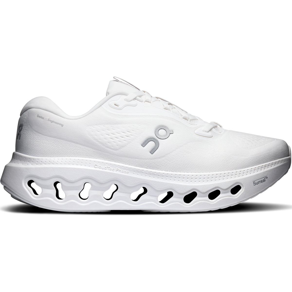 Women’s Cloudsurfer 3 Running Shoes White / White featuring a mesh upper and a thick, hollowed-out midsole powered by CloudTec Phase.