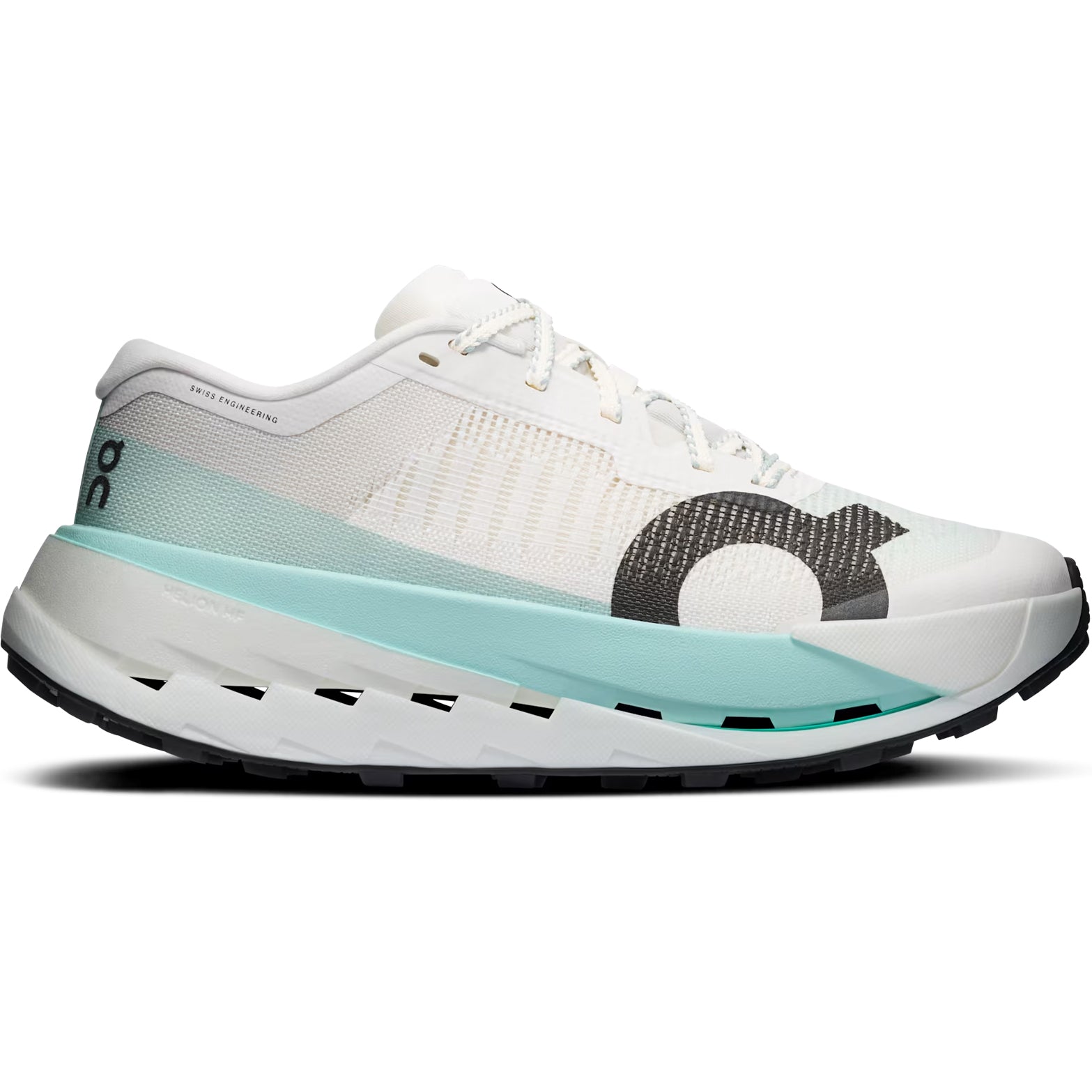 Women's On Cloudultra Pro Trail Running Shoes Ivory Celeste outer side view showing dual-layer Helion HF hyperfoam midsole with Speedboard rebound system and MissionGrip outsole for elite ultra-trail running