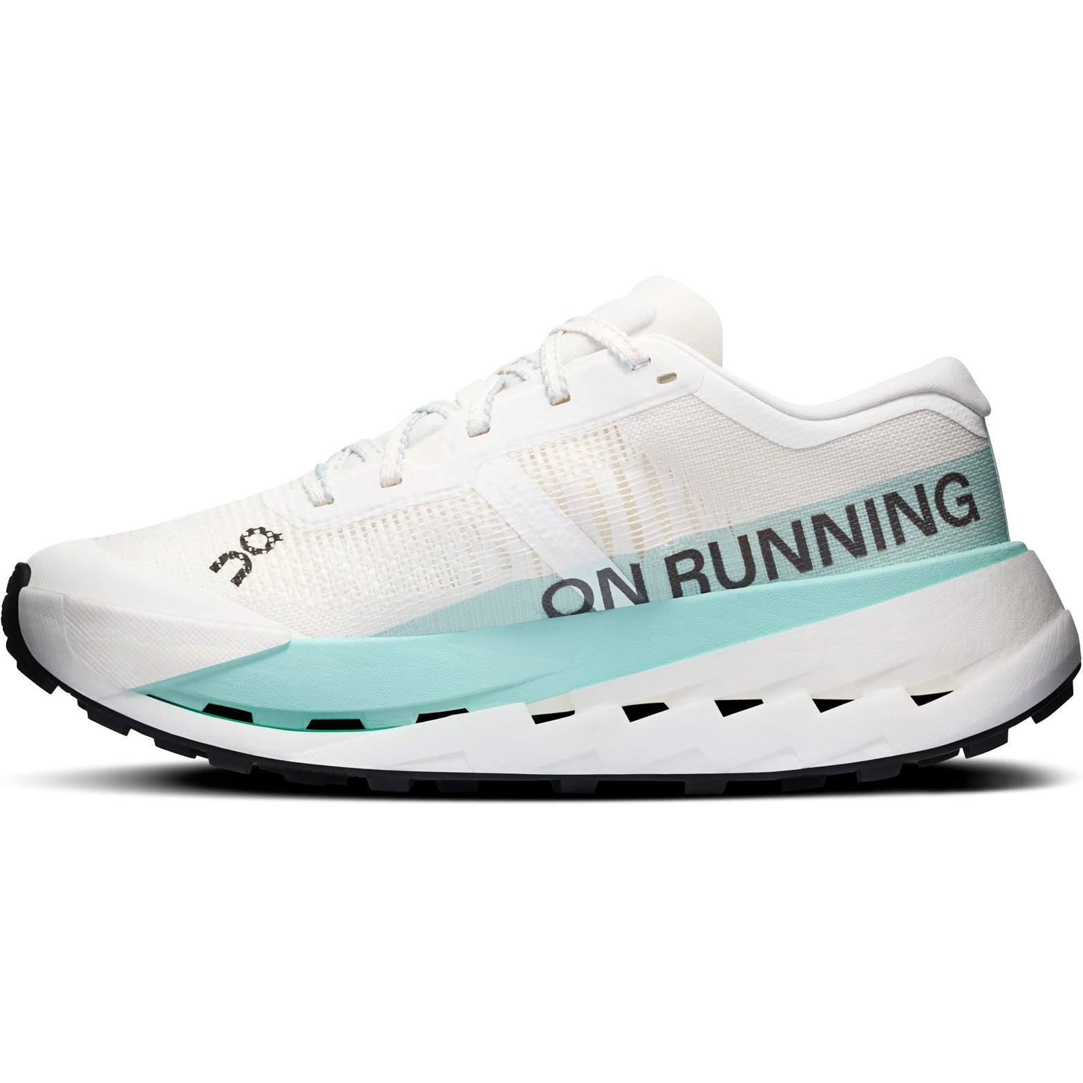 Women's On Cloudultra Pro Trail Running Shoes Ivory Celeste inner side view showing Helion HF hyperfoam with Speedboard rebound system for calibrated energy return across ultra-distance mountain terrain