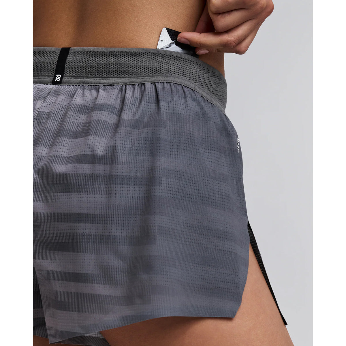 Women's Bandit CoolGrid 3 Inch Split Shorts Uneven Gradient Plaster Slate close-up of two-tone mesh waistband showing internal drawstring for adjustable mid-rise fit during running