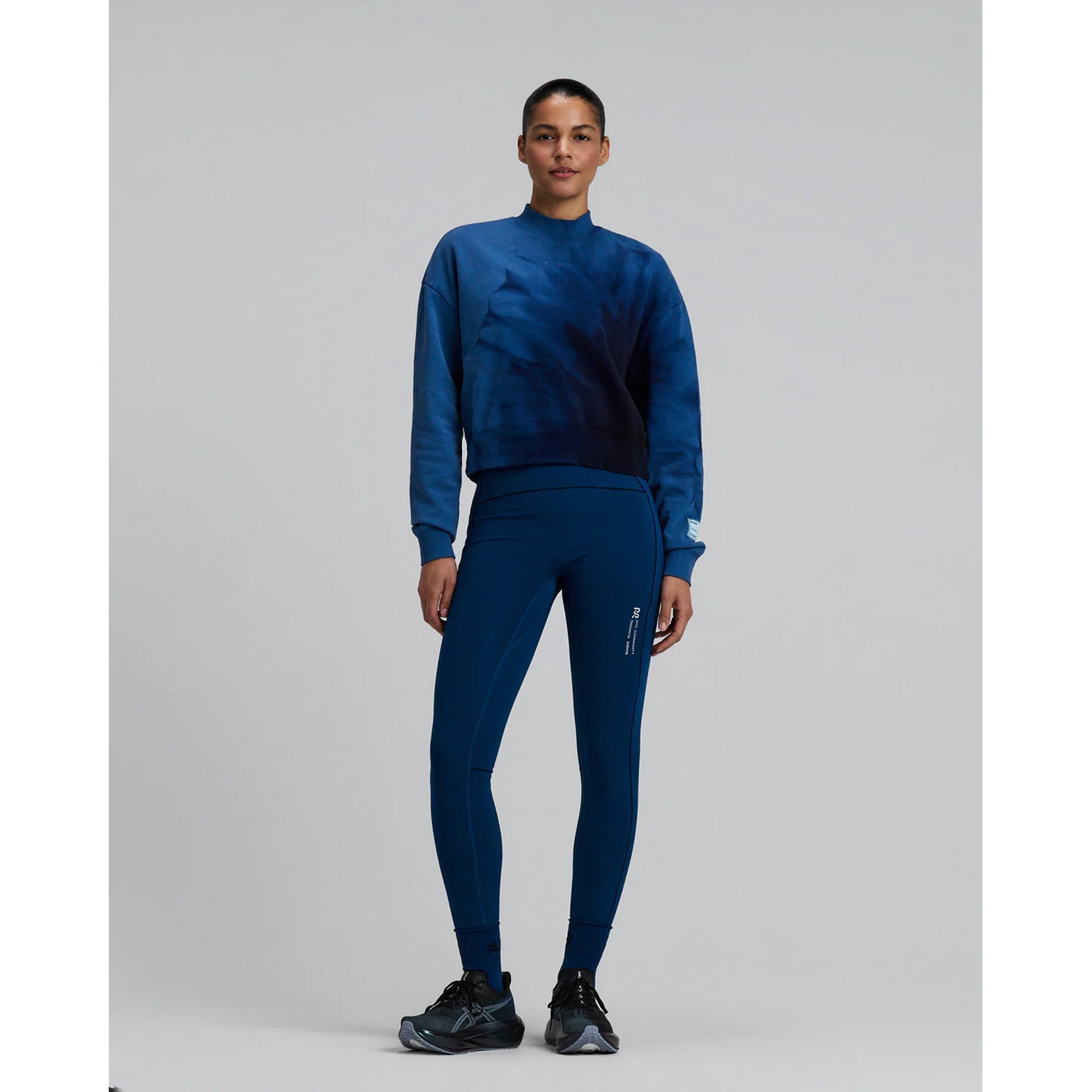 Bandit Cropmock Pullover women's in Aegean Blue Wave Print — full body front view worn on model showing cropped proportion, mockneck silhouette, aegean blue wave print and rib trim cuff and collar detail