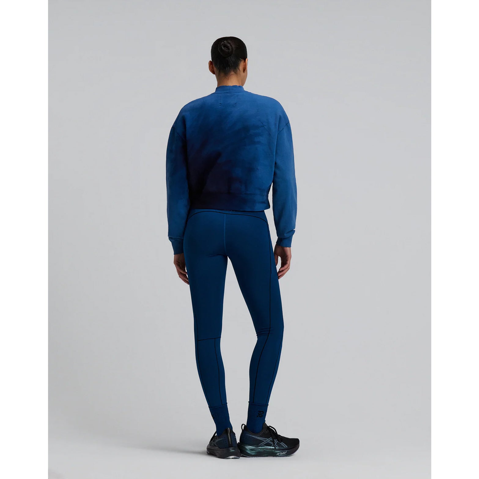 Bandit Cropmock Pullover women's in Aegean Blue Wave Print — full body back view worn on model showing cropped silhouette, aegean blue wave print dye variation and embroidered Bandit back hem branding