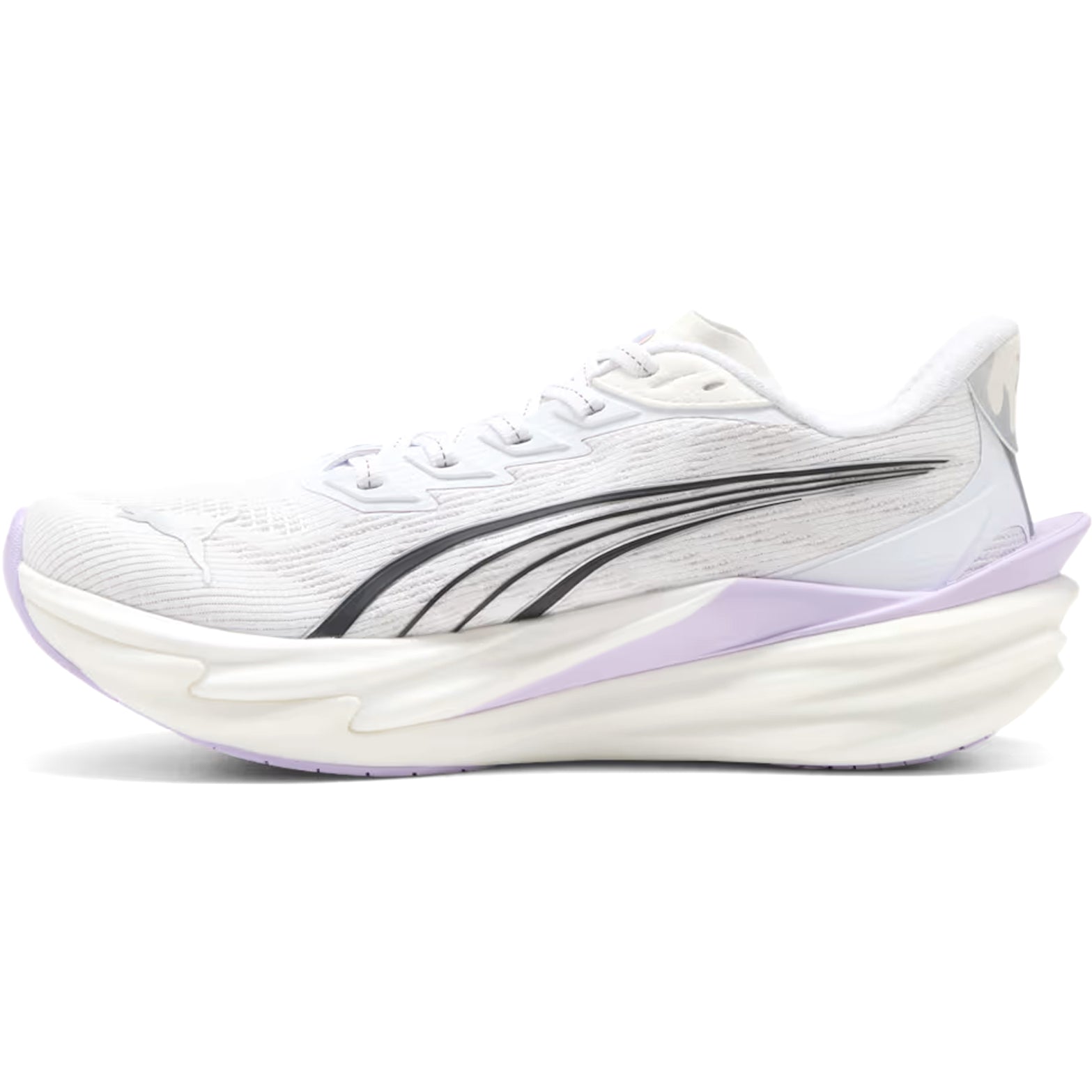 Women's Puma Deviate NITRO 4 Running Shoes Puma White Light Lavender top view showing lightweight breathable upper construction for race day comfort and performance