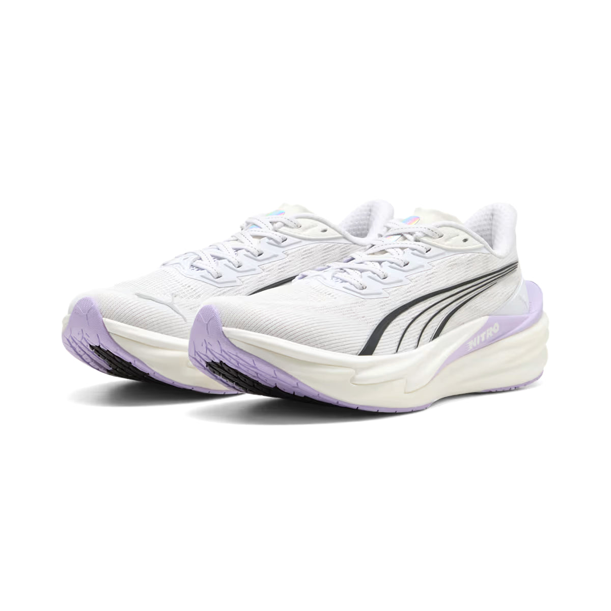 Women's Puma Deviate NITRO 4 Running Shoes Puma White Light Lavender angled side view of pair showing NITRO foam with carbon fibre plate and lightweight upper for propulsive race day running