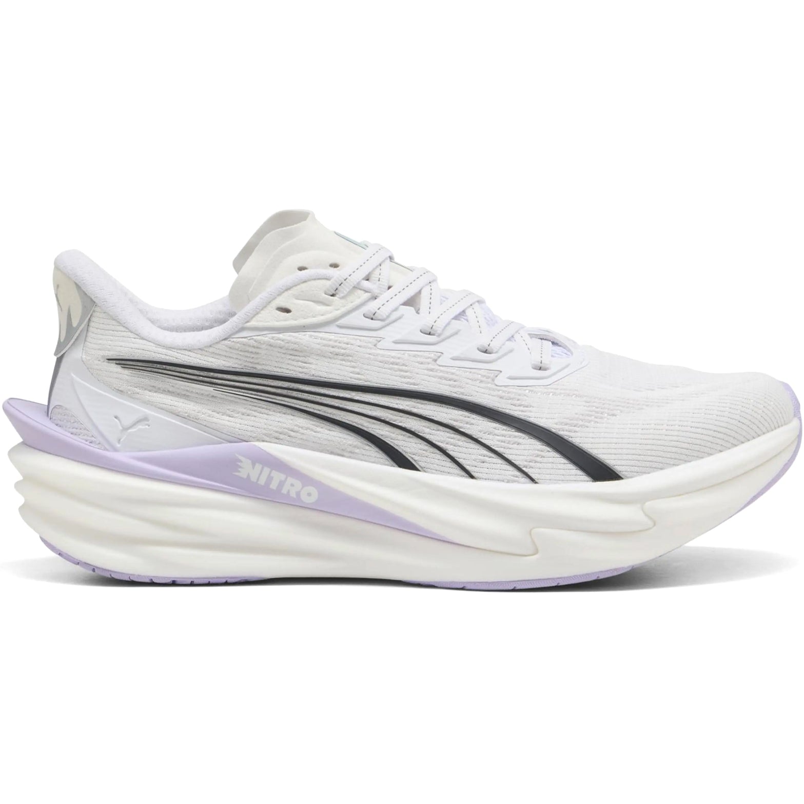 Women's Puma Deviate NITRO 4 Running Shoes Puma White Light Lavender inner side view showing carbon plate with NITRO foam cushioning for propulsive racing performance