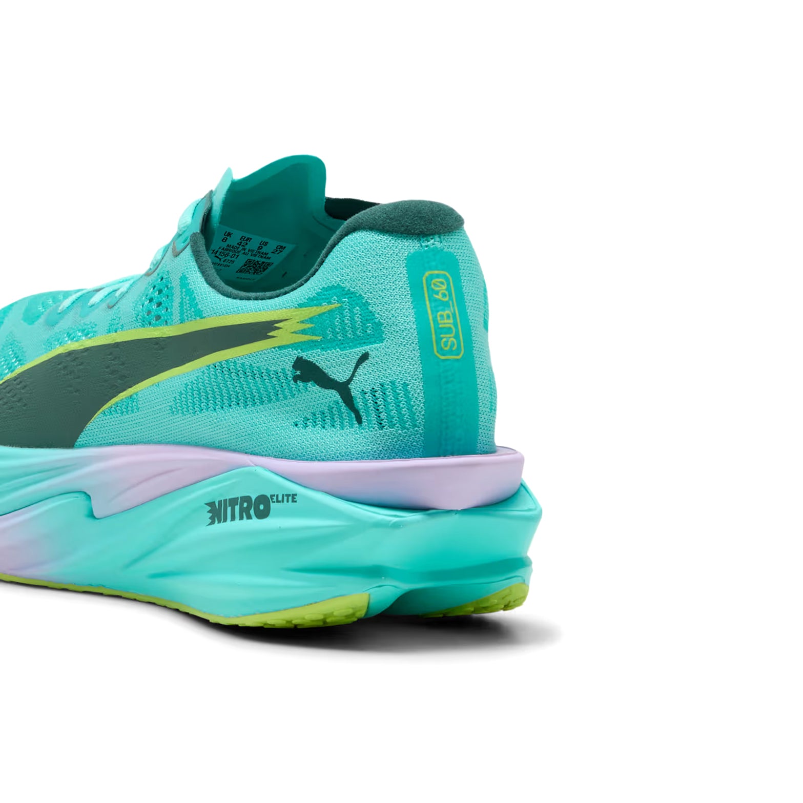 Women's Puma Deviate NITRO Elite 4 HYROX Running Shoes Intense Mint Light Lavender heel view showing NITROFOAM Elite foam with carbon fibre PWRPLATE for propulsive energy return during HYROX competition